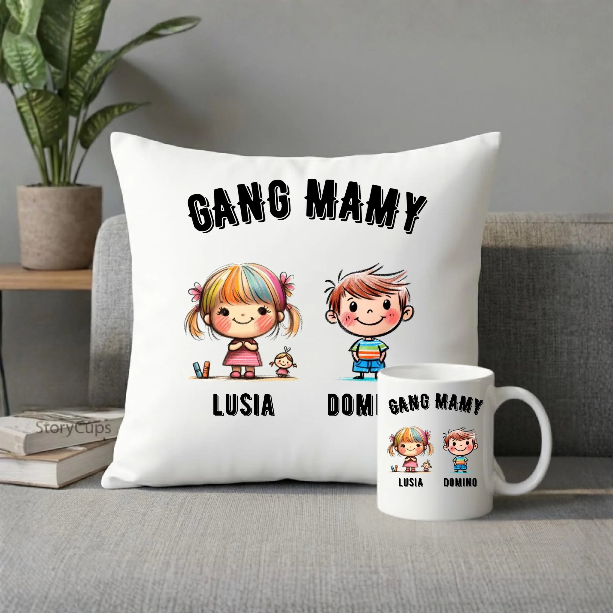 Zestaw poduszka i kubek dla mamy z imionami dzieci - Gang mamy - personalizowany DM09 - StoryCups.pl