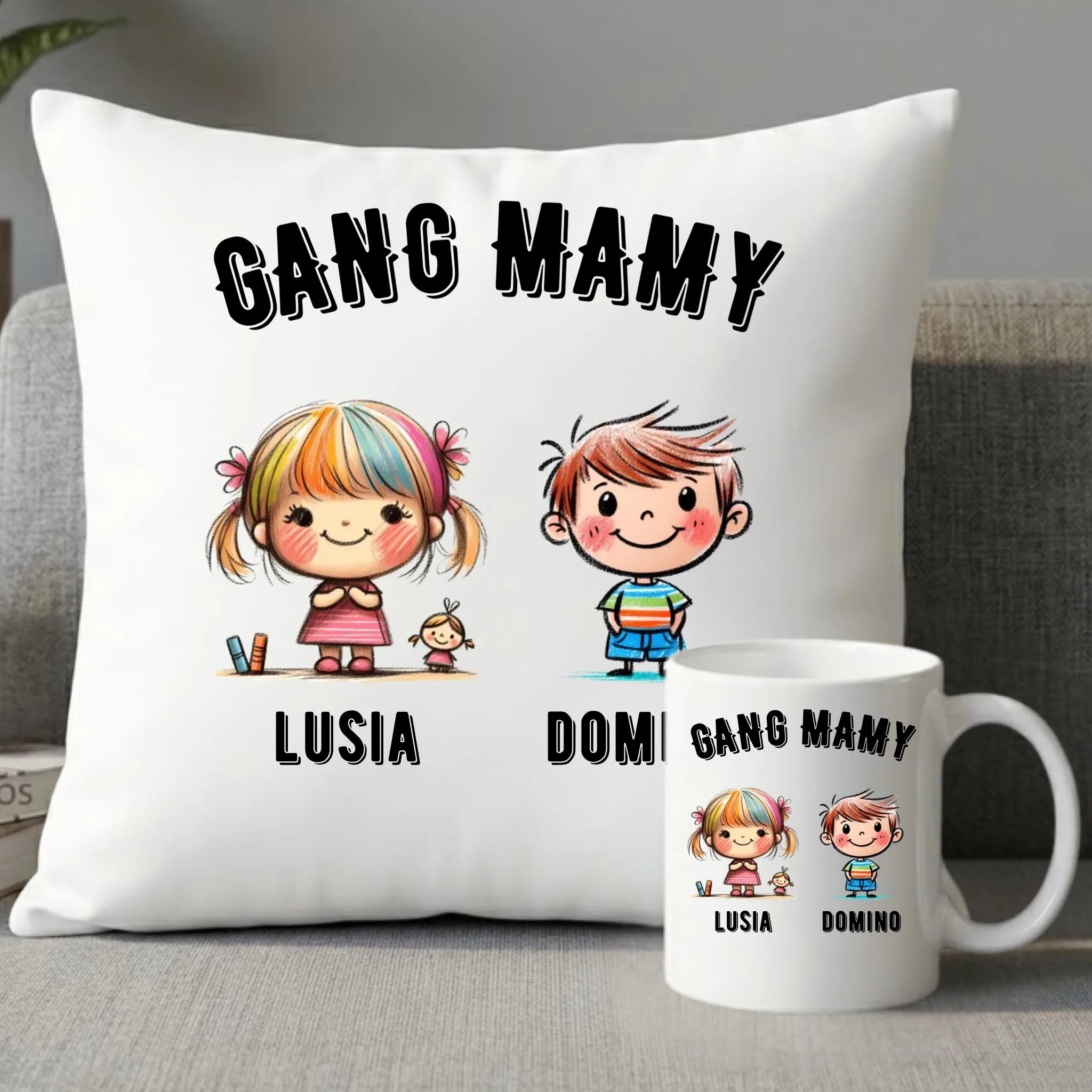 Zestaw poduszka i kubek dla mamy z imionami dzieci - Gang mamy - personalizowany DM09 - StoryCups.pl