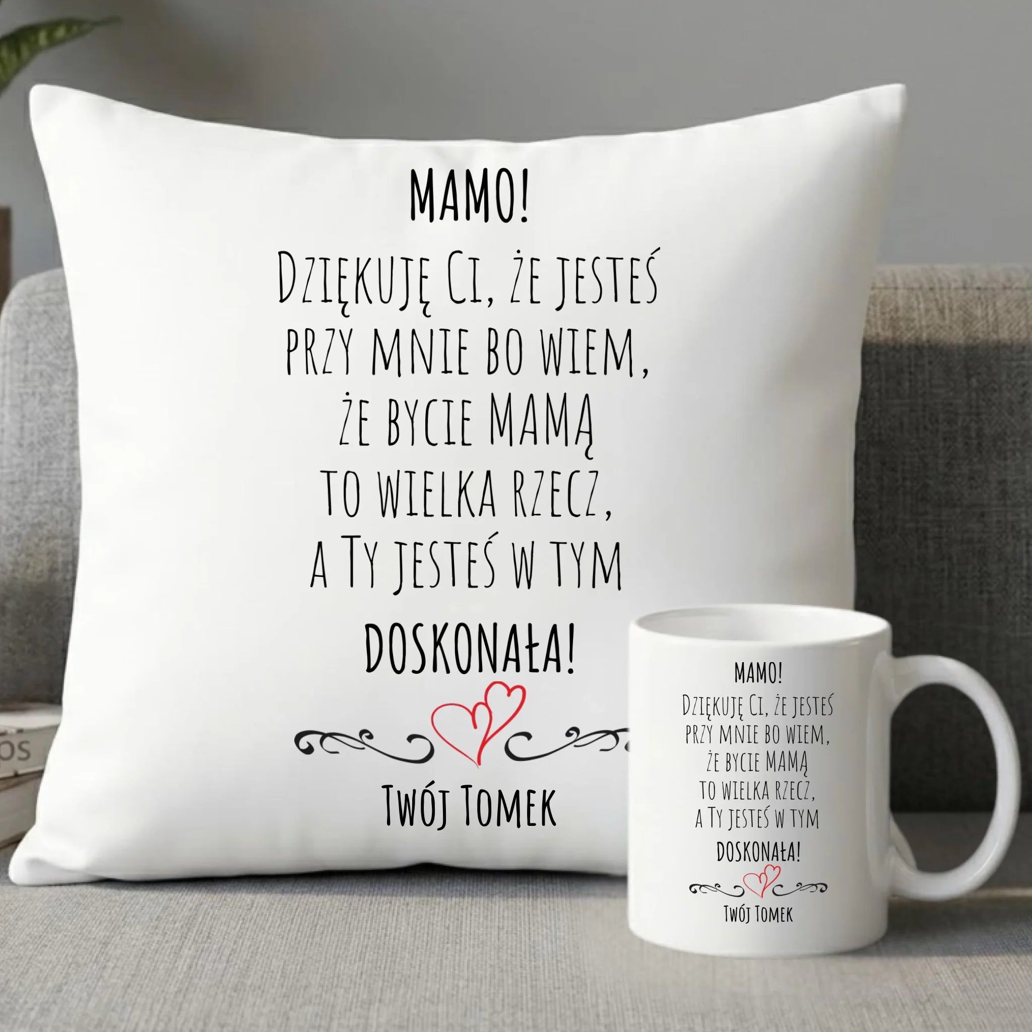 Zestaw poduszka i kubek dla mamy z podziękowaniem - Mamo jesteś doskonała - personalizowany DM10 - StoryCups.pl