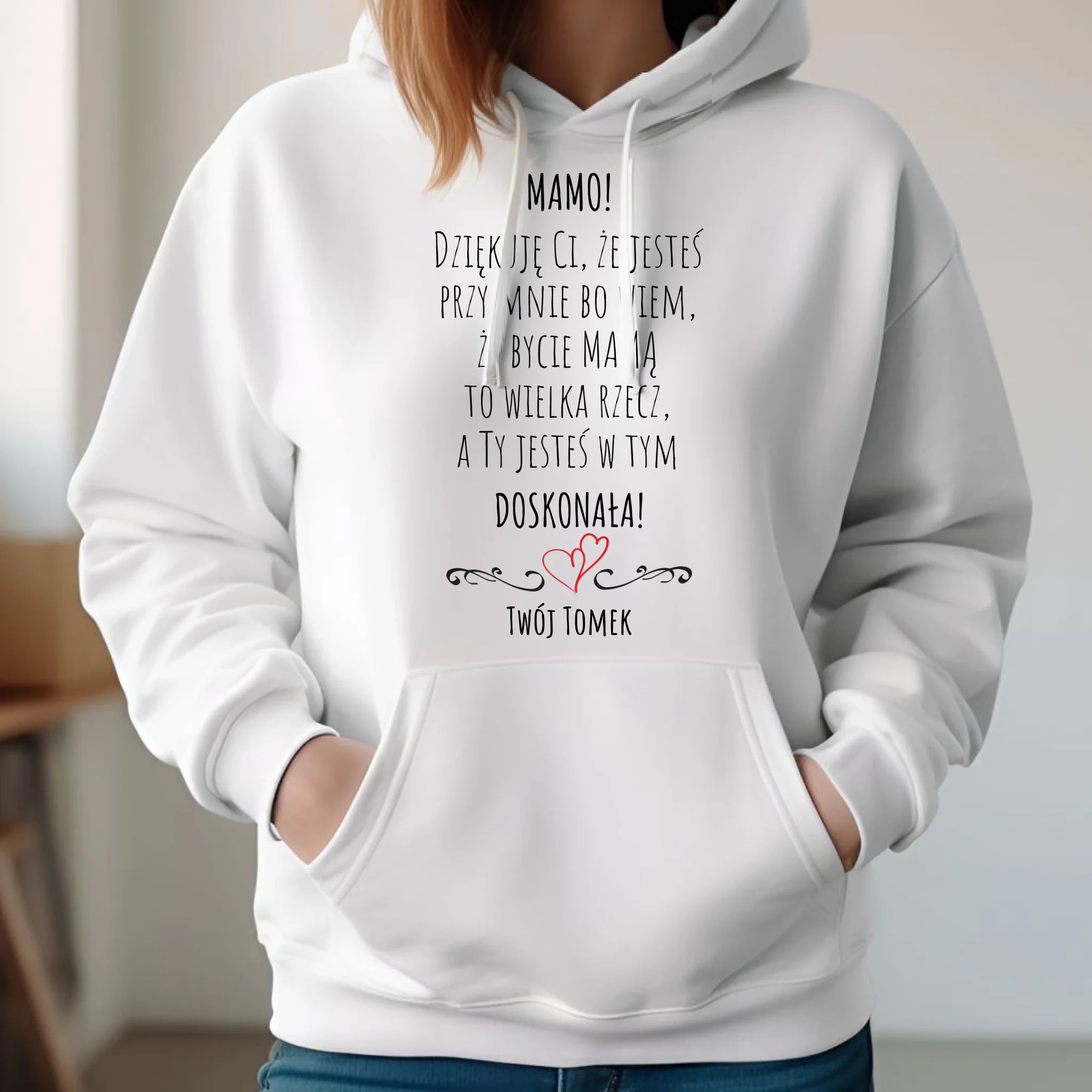 Bluza z kapturem dla mamy z podziękowaniem - Mamo jesteś doskonała - personalizowana DM10 - StoryCups.pl