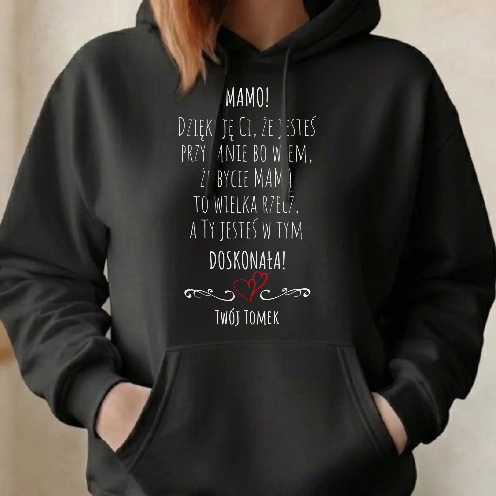 Bluza z kapturem dla mamy z podziękowaniem - Mamo jesteś doskonała - personalizowana DM10 - StoryCups.pl