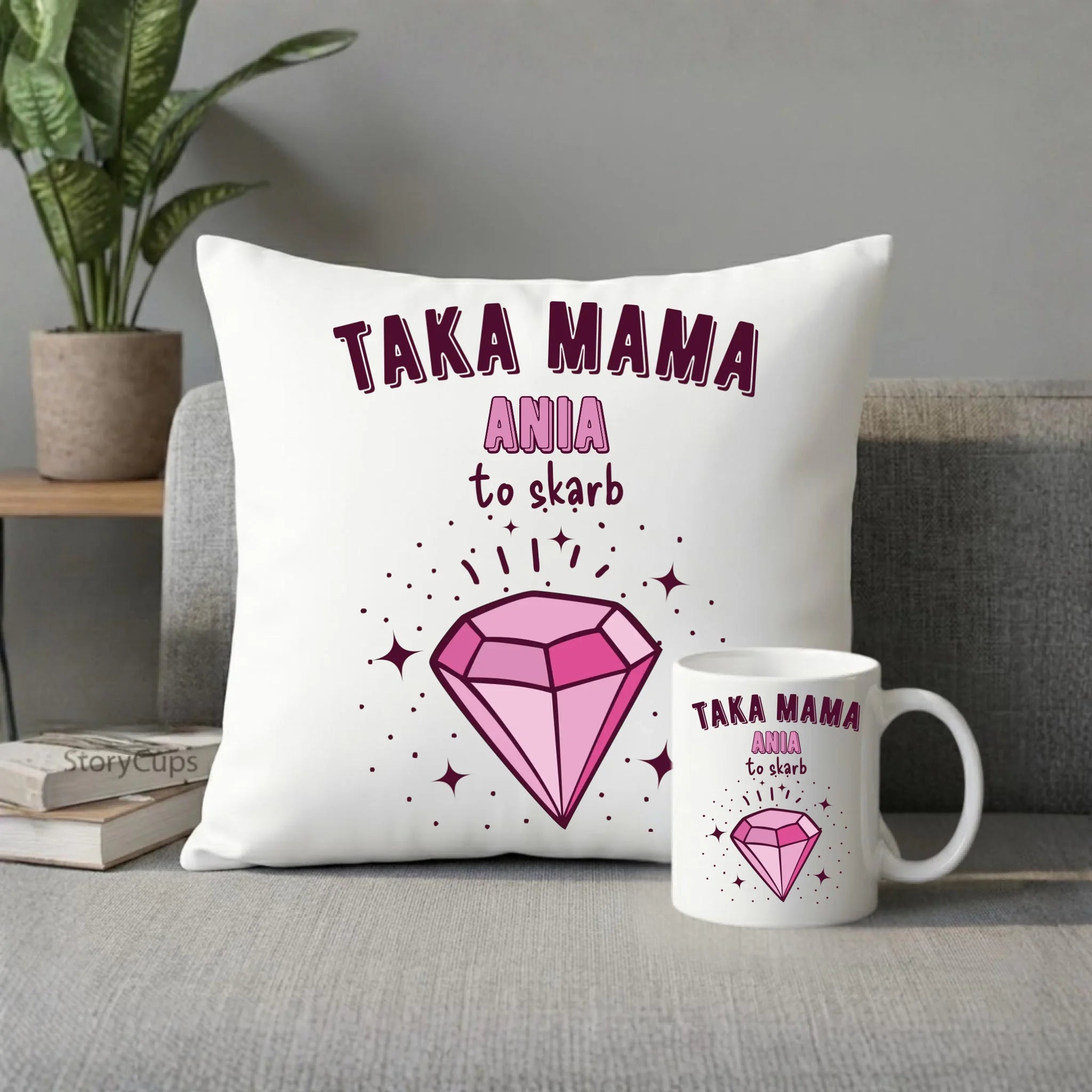 Zestaw poduszka i kubek z imieniem dla mamy - Taka mama to skarb - personalizowany DM18 - StoryCups.pl