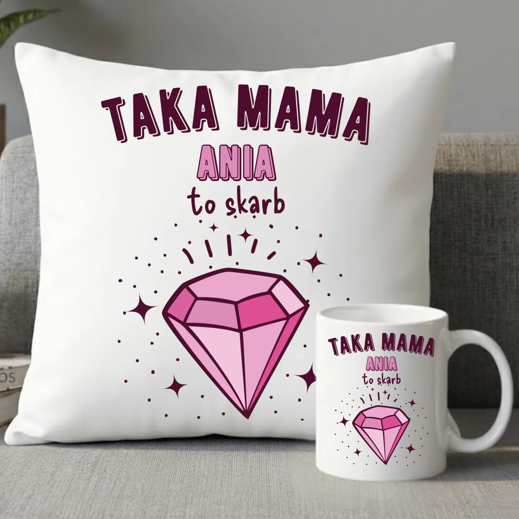 Zestaw poduszka i kubek z imieniem dla mamy - Taka mama to skarb - personalizowany DM18 - StoryCups.pl