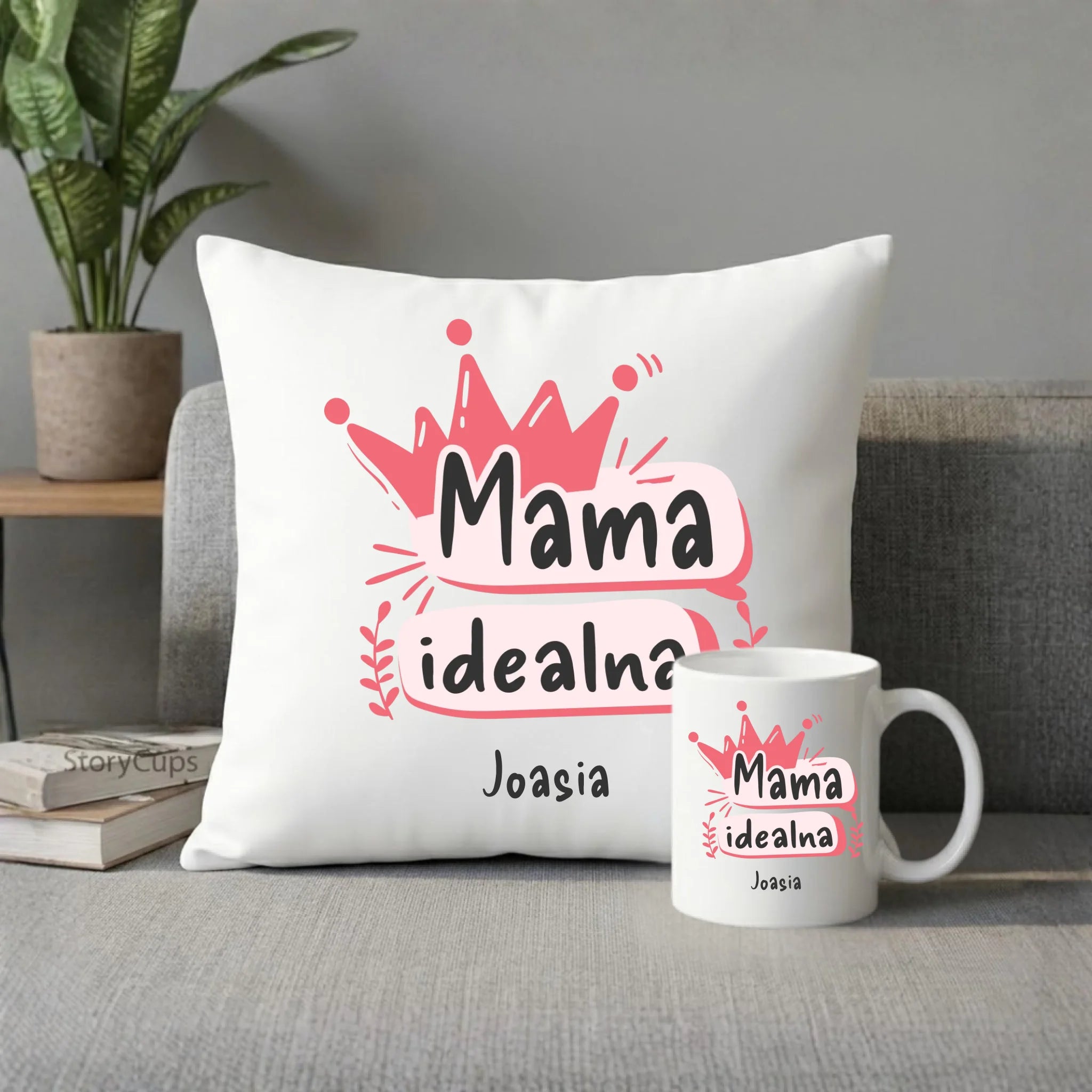 Zestaw poduszka i kubek dla mamy - Mama idealna - personalizowany DM23 - StoryCups.pl