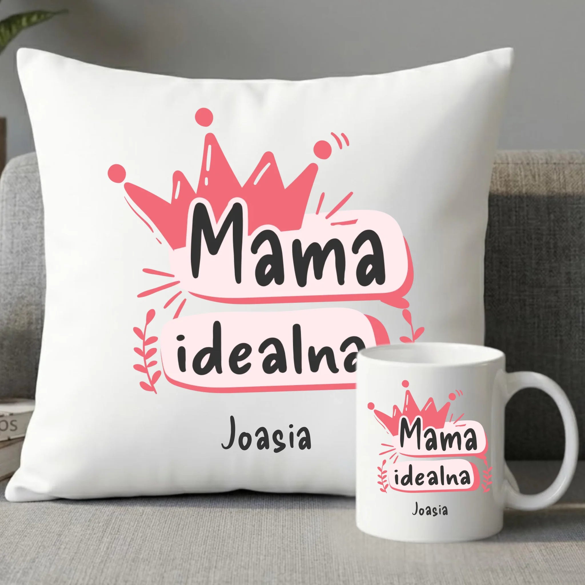 Zestaw poduszka i kubek dla mamy - Mama idealna - personalizowany DM23 - StoryCups.pl