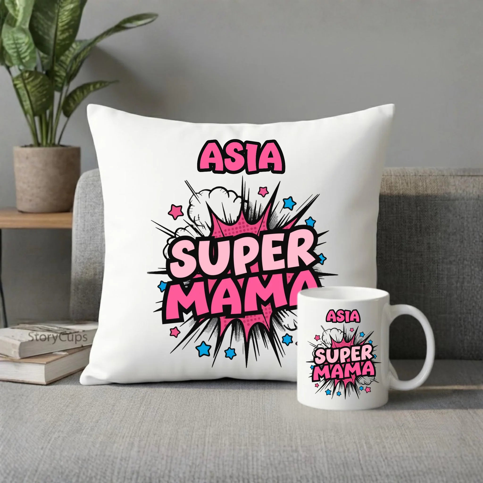 Zestaw poduszka i kubek dla mamy z imieniem - Super Mama - personalizowany DM24 - StoryCups.pl