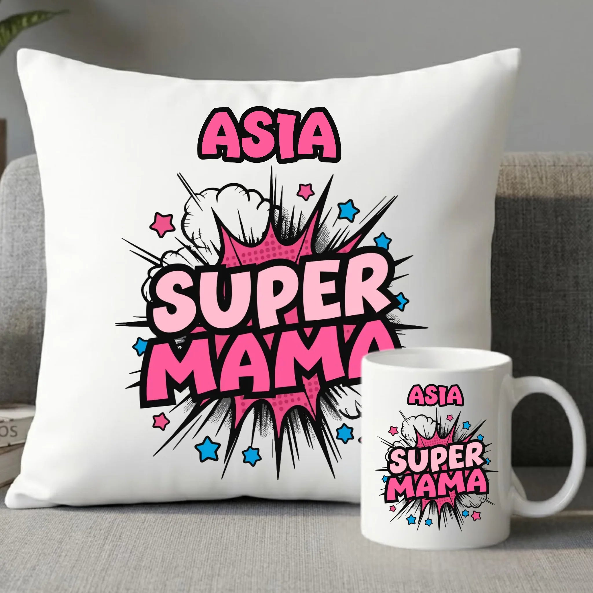 Zestaw poduszka i kubek dla mamy z imieniem - Super Mama - personalizowany DM24 - StoryCups.pl