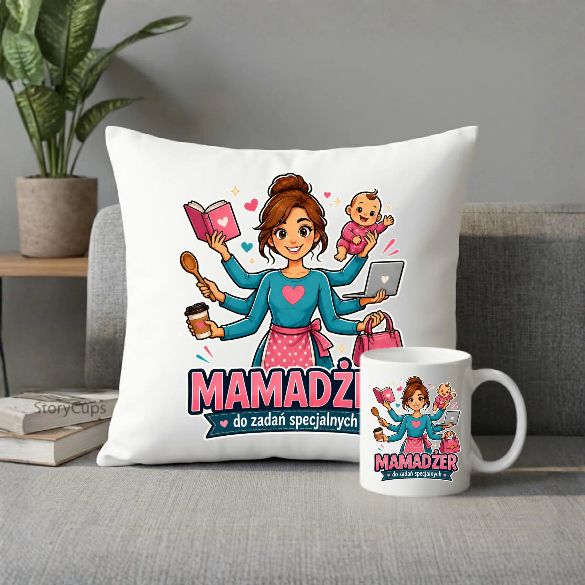 Zestaw poduszka i kubek dla mamy - Mamadżer do zadań specjalnych DM28 - StoryCups.pl