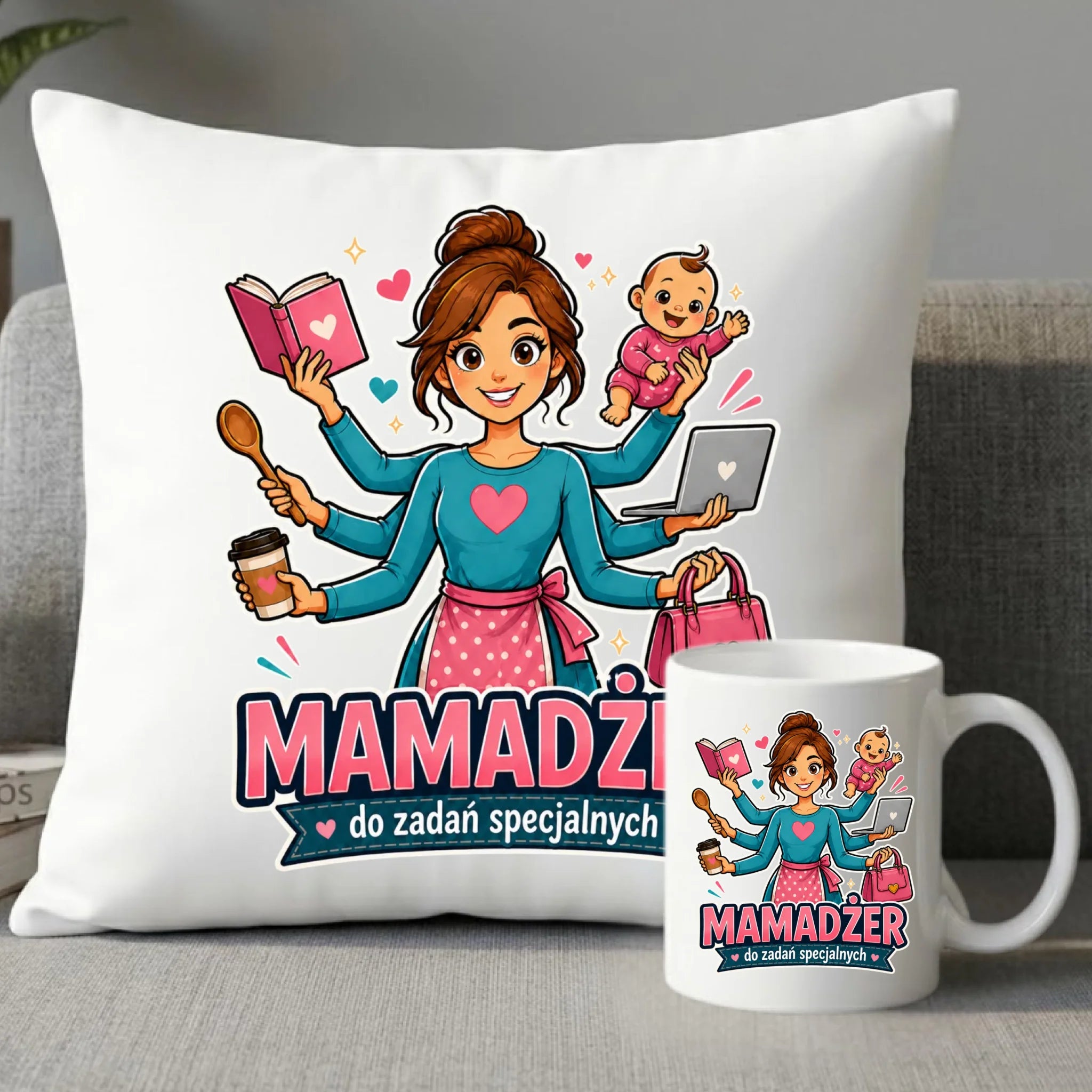 Zestaw poduszka i kubek dla mamy - Mamadżer do zadań specjalnych DM28 - StoryCups.pl