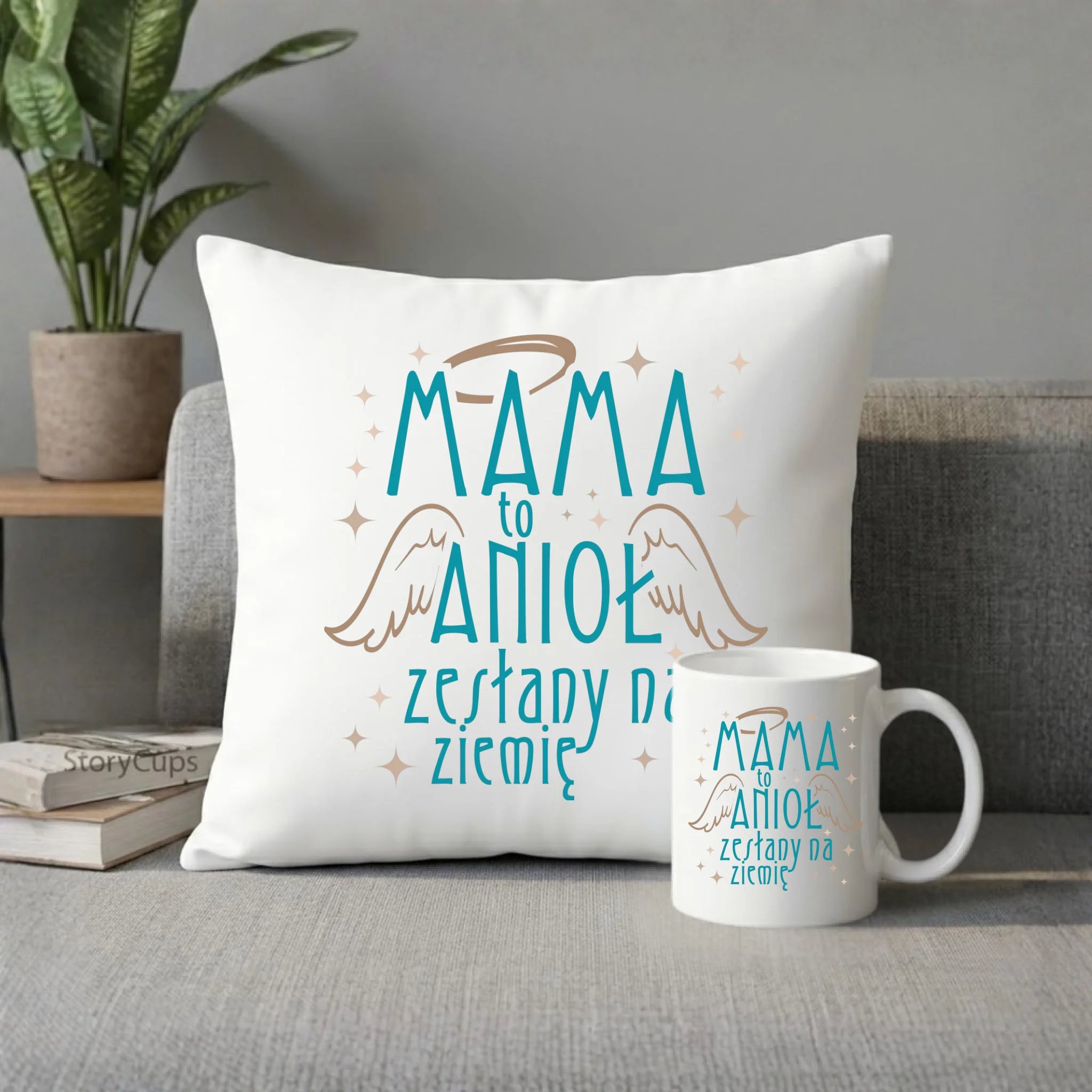 Zestaw poduszka i kubek dla mamy - Mama to anioł zesłany na ziemię DM30 - StoryCups.pl