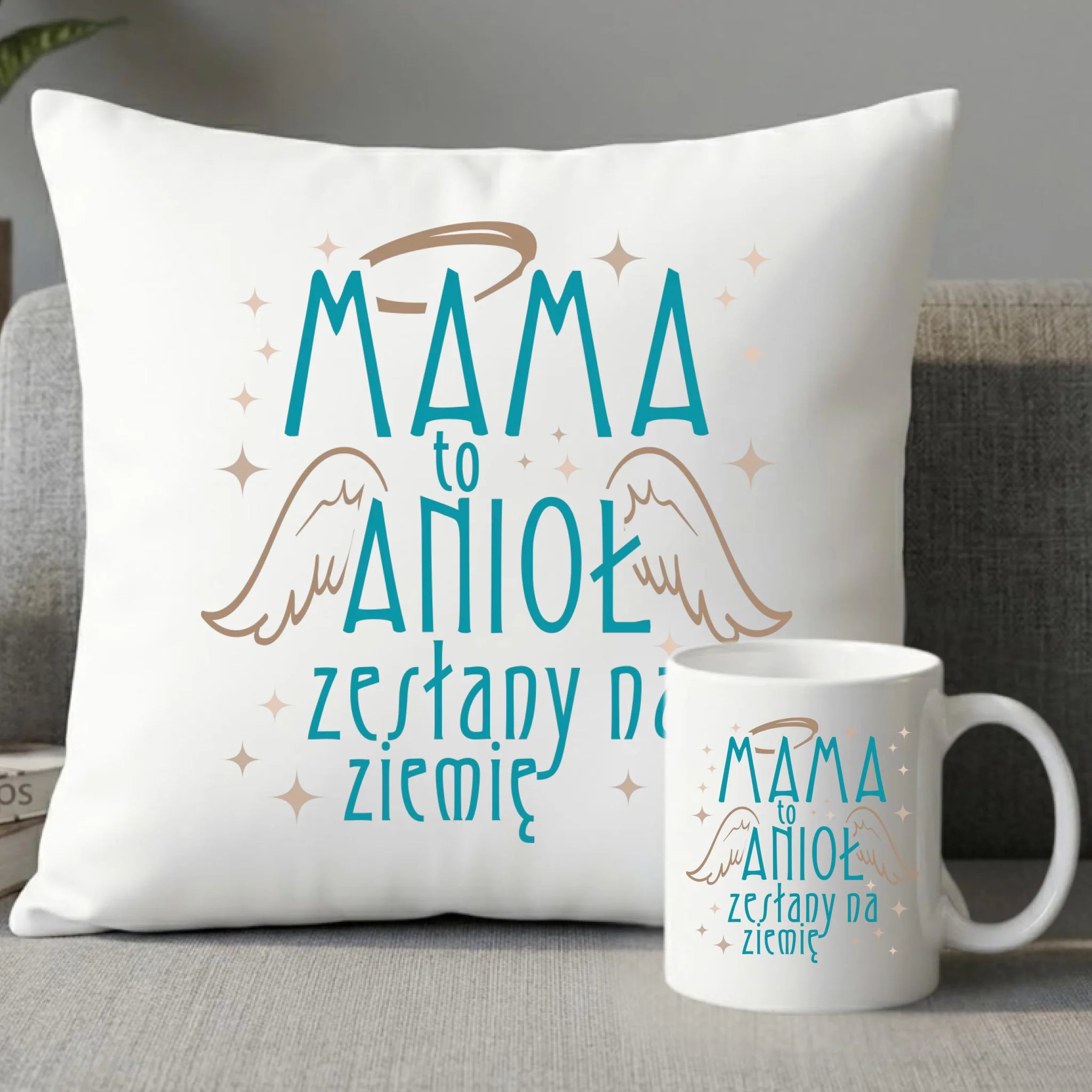 Zestaw poduszka i kubek dla mamy - Mama to anioł zesłany na ziemię DM30 - StoryCups.pl