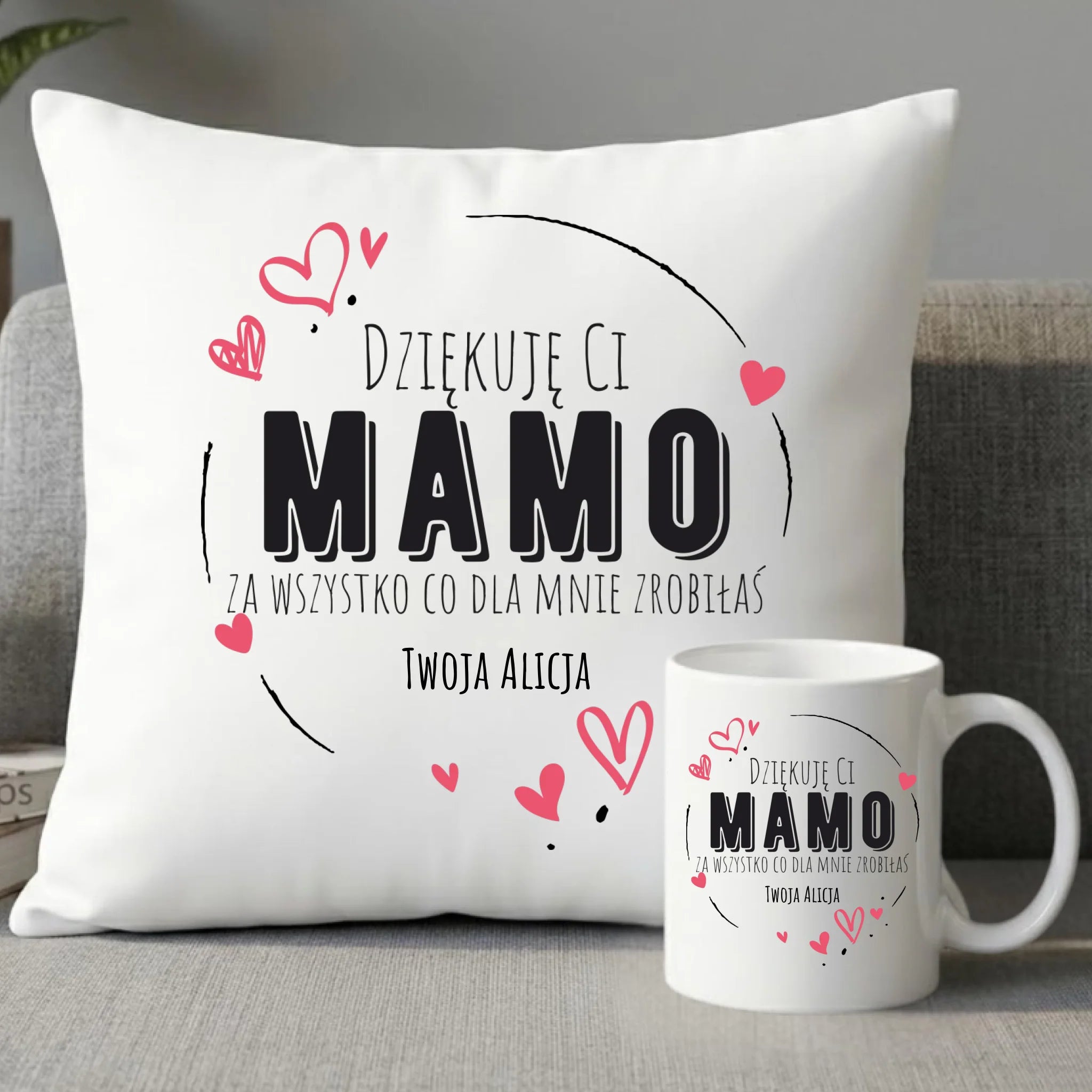 Zestaw poduszka i kubek dla mamy - Dziękuję Ci Mamo - personalizowany DM32 - StoryCups.pl