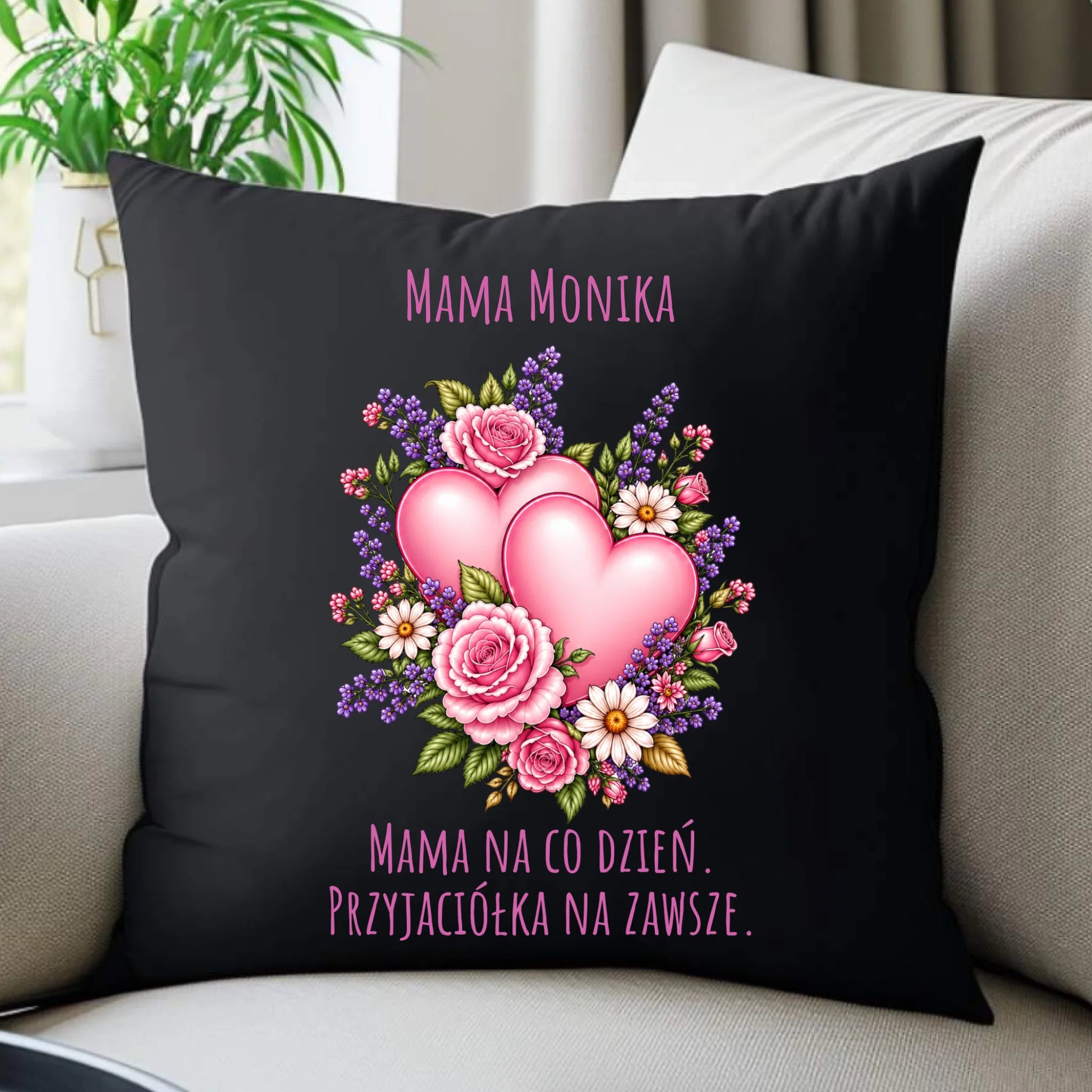 Poduszka dekoracyjna dla mamy - Bukiet z sercami przyjaciółka - personalizowana DM39 - StoryCups.pl