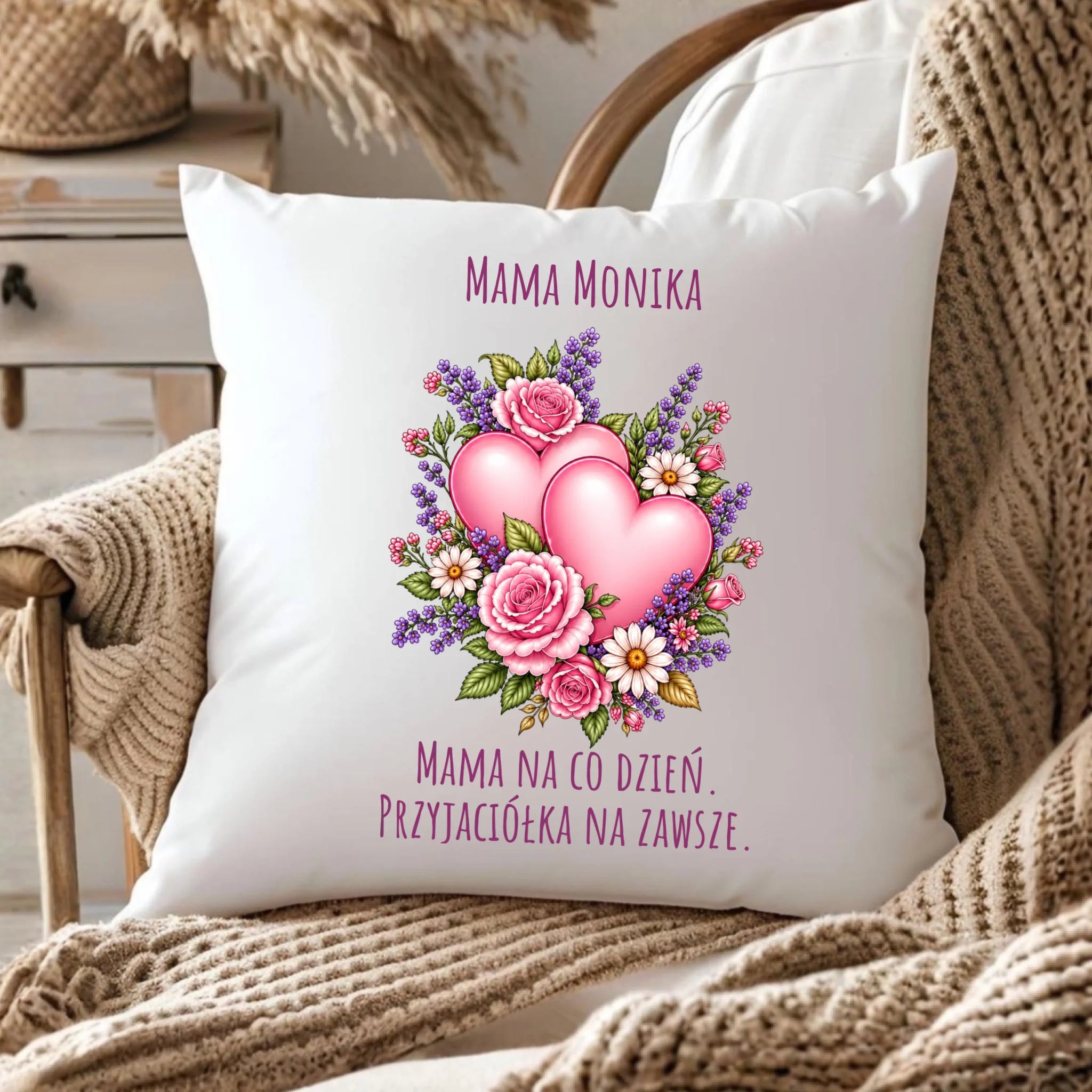 Poduszka dla mamy - Bukiet z sercami przyjaciółka - personalizowana DM39 - StoryCups.pl