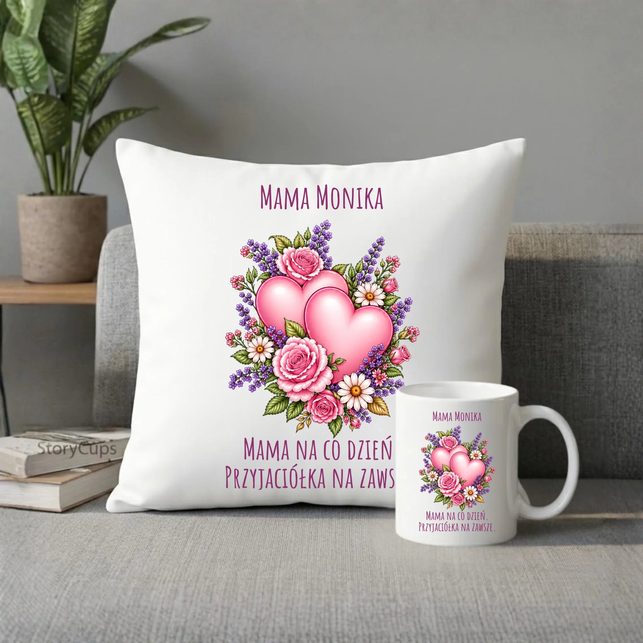 Zestaw poduszka i kubek dla mamy - Bukiet z sercami przyjaciółka - personalizowany DM39 - StoryCups.pl