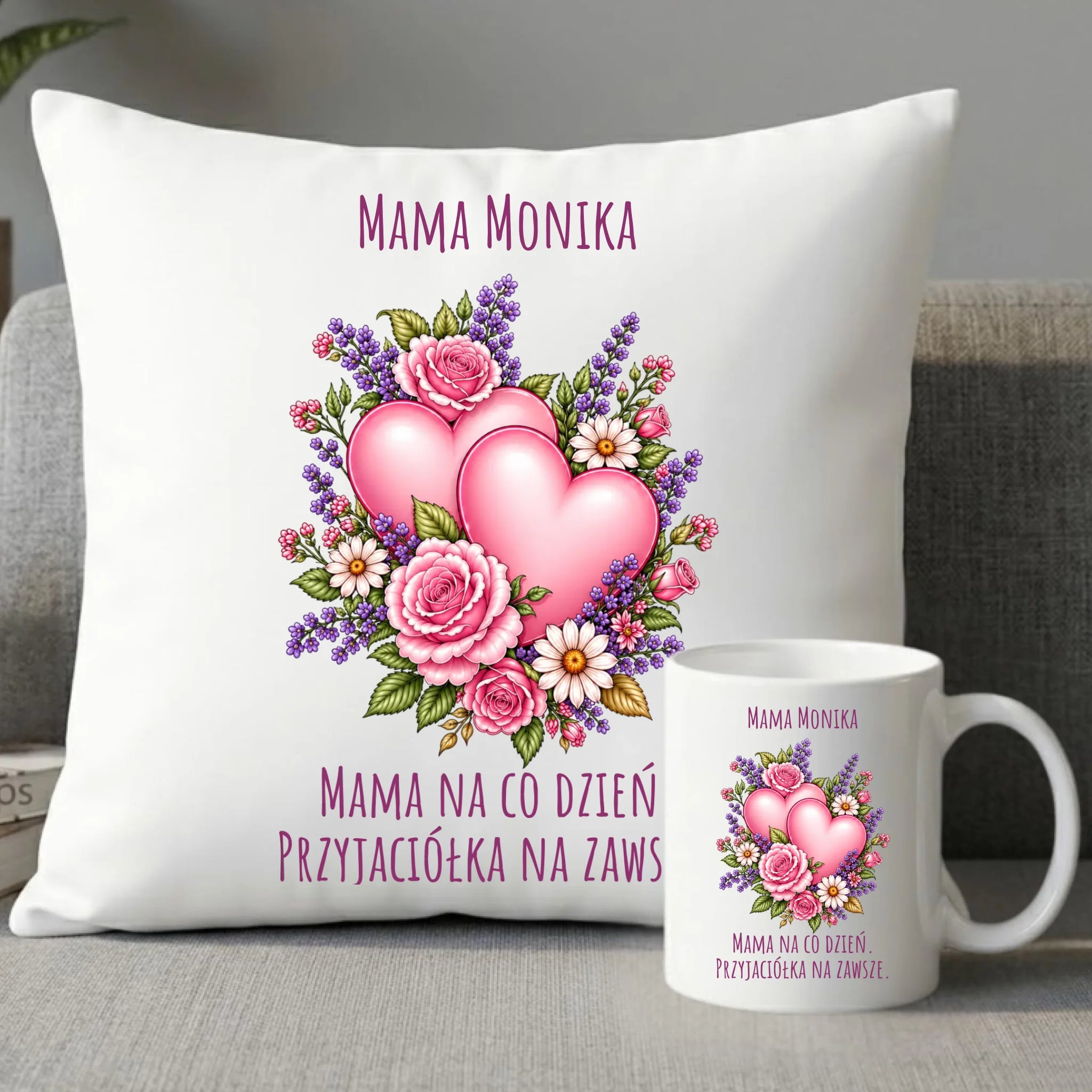 Zestaw poduszka i kubek dla mamy - Bukiet z sercami przyjaciółka - personalizowany DM39 - StoryCups.pl