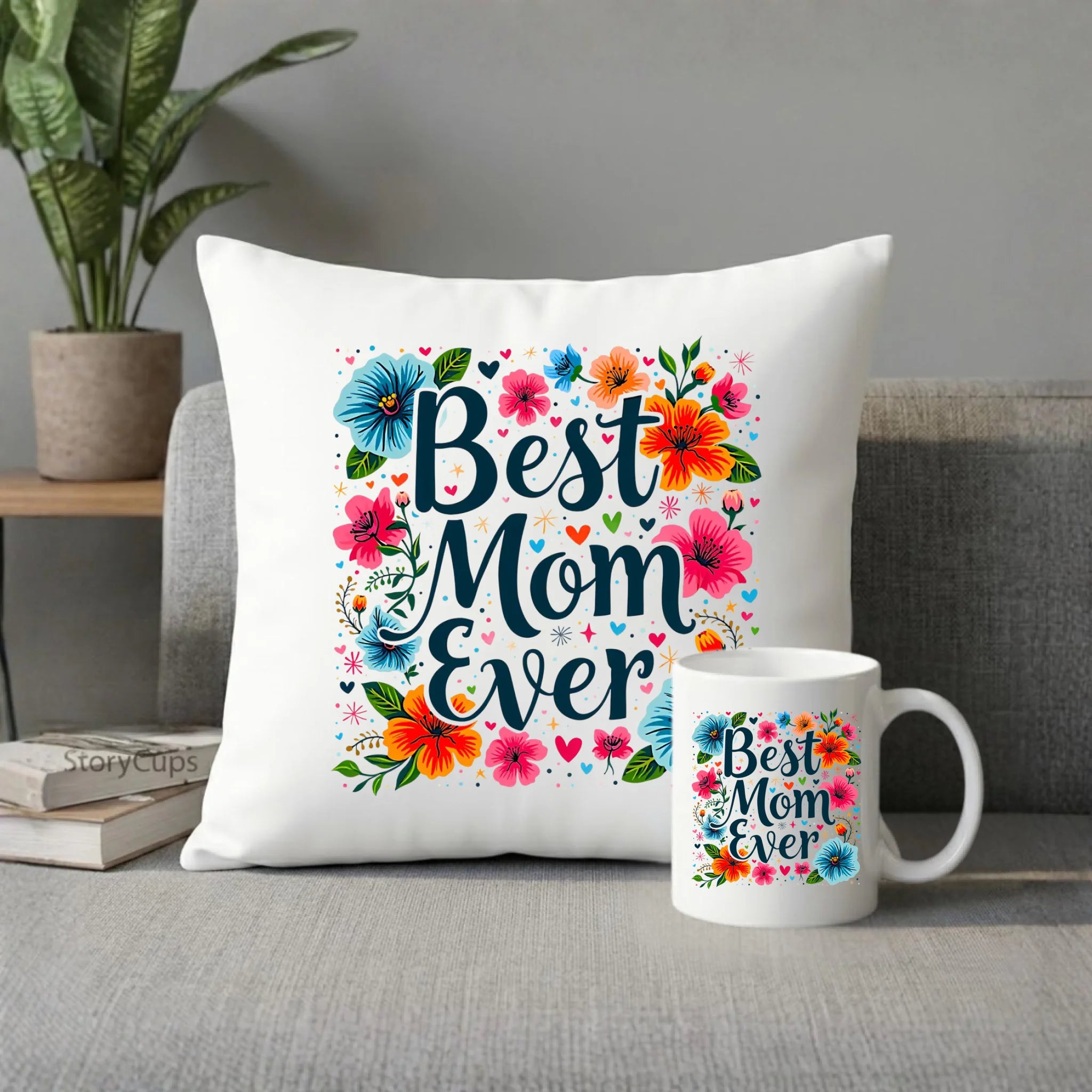 Zestaw poduszka i kubek dla mamy - Kwiaty - Best mom ever DM34 - StoryCups.pl