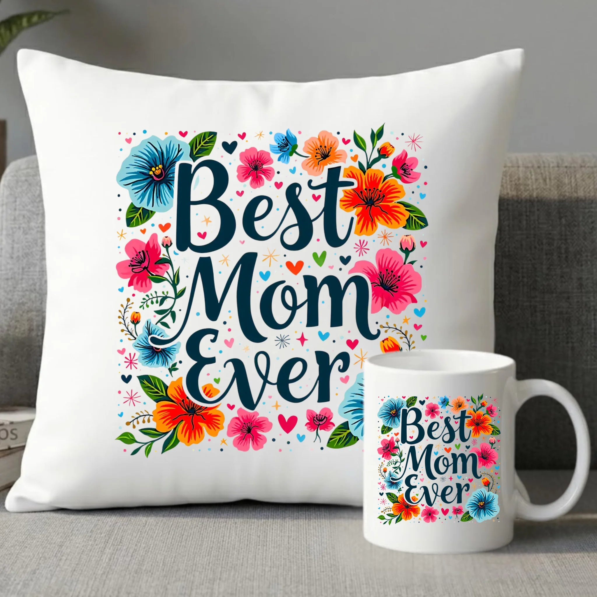 Zestaw poduszka i kubek dla mamy - Kwiaty - Best mom ever DM34 - StoryCups.pl