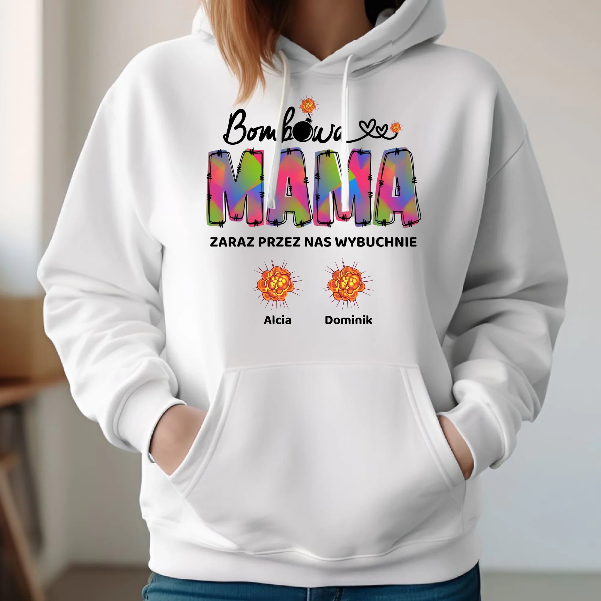 Bluza z kapturem dla mamy z imionami dzieci - Bombowa mama - personalizowana DM53 - StoryCups.pl
