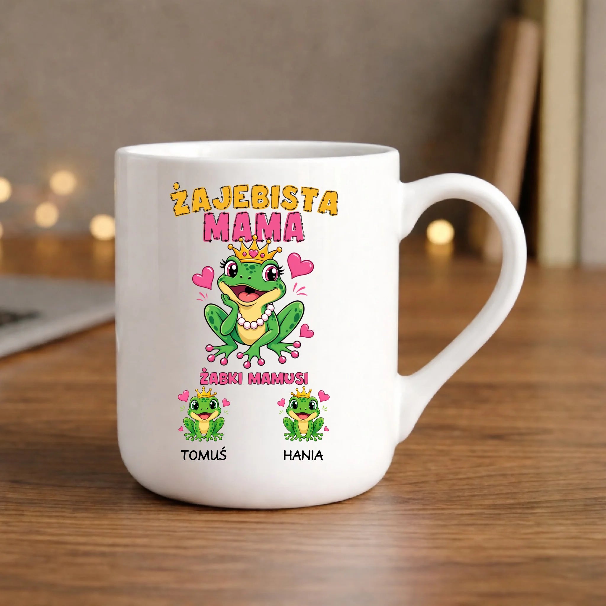 Kubek elegant dla mamy z imionami dzieci - Żabki Mamusi - personalizowany DM54 - StoryCups.pl