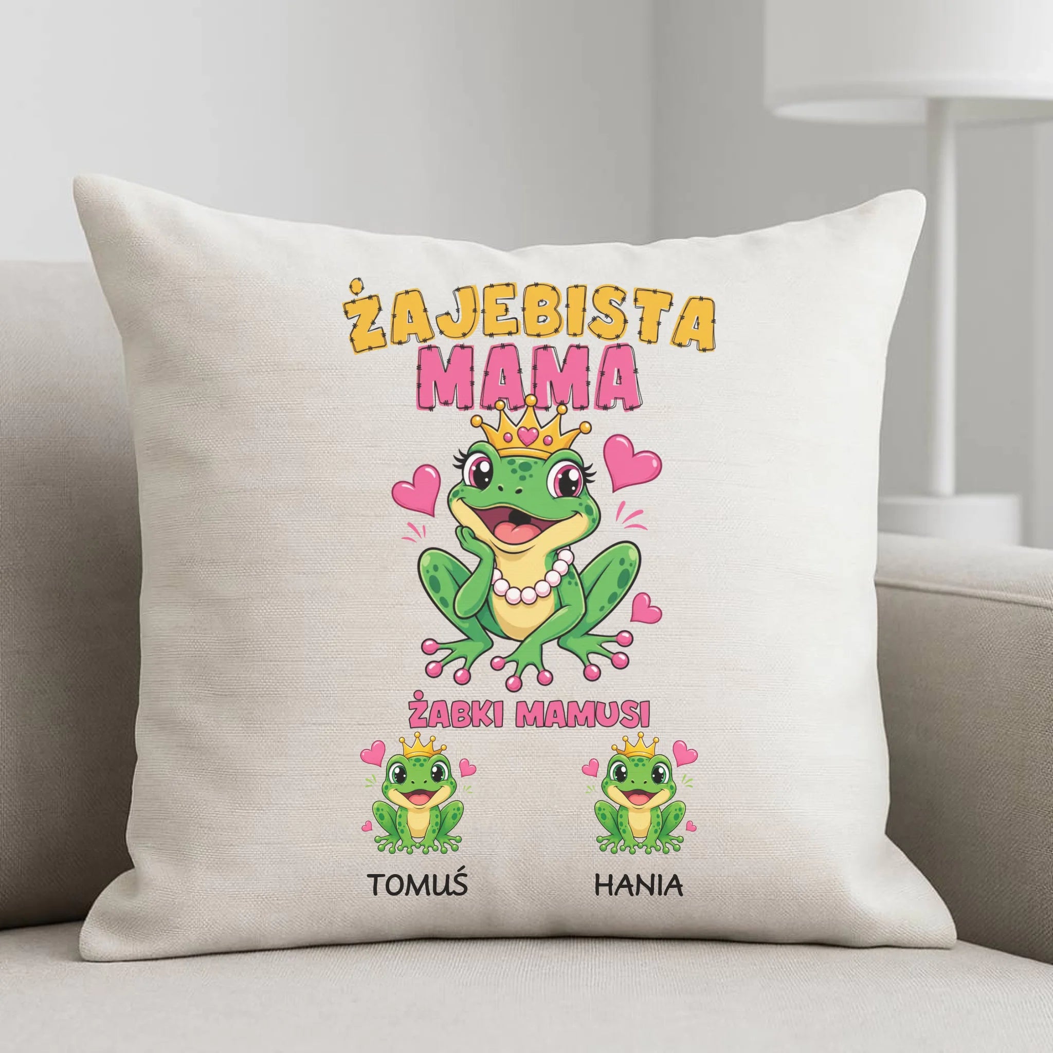 Poduszka dla mamy z imionami dzieci - Żabki Mamusi - personalizowana DM54 - StoryCups.pl