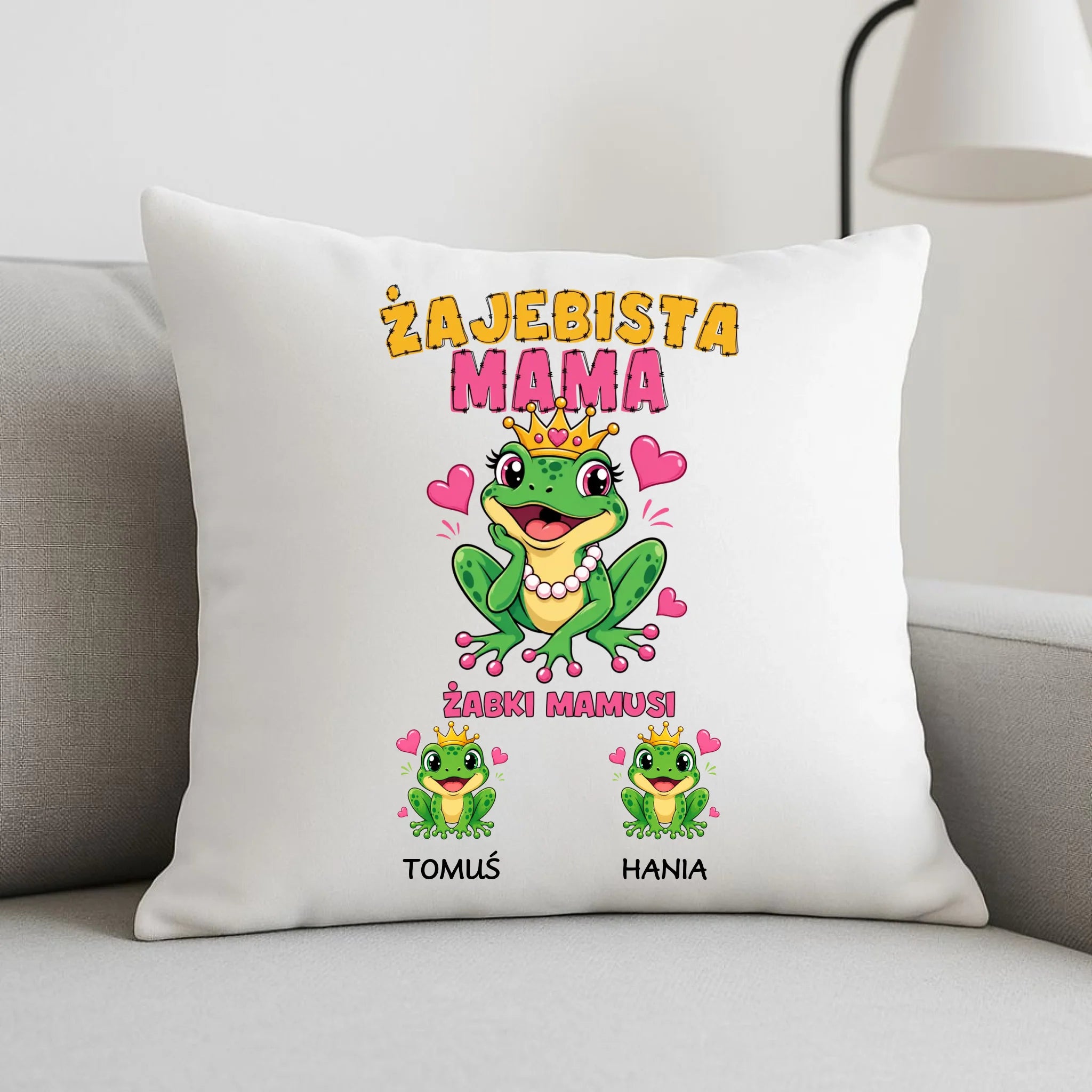 Poduszka dla mamy z imionami dzieci - Żabki Mamusi - personalizowana DM54 - StoryCups.pl