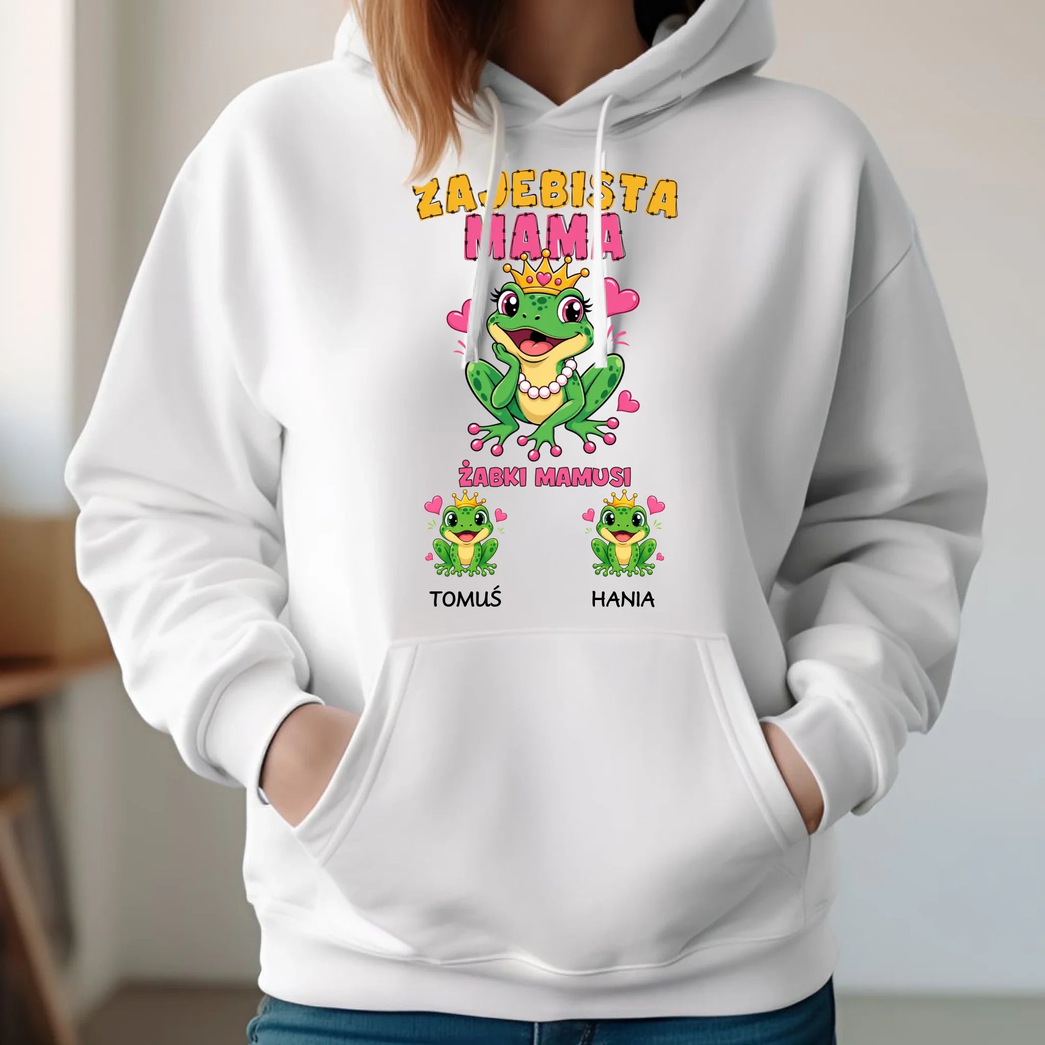Bluza z kapturem dla mamy z imionami dzieci - Żabki Mamusi - personalizowana DM54 - StoryCups.pl
