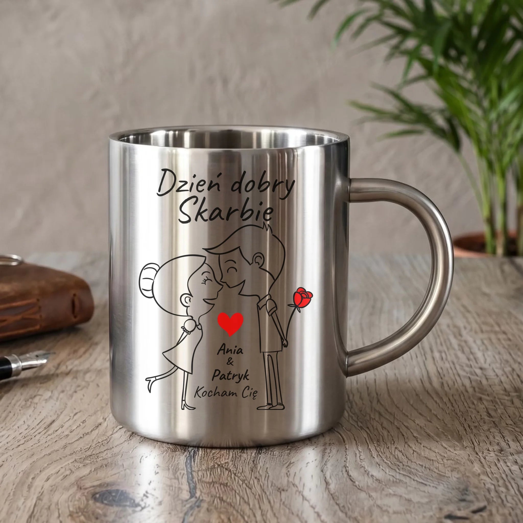 Kubek metalowy dla par - Dzień dobry Skarbie - personalizowany W15 - StoryCups.pl