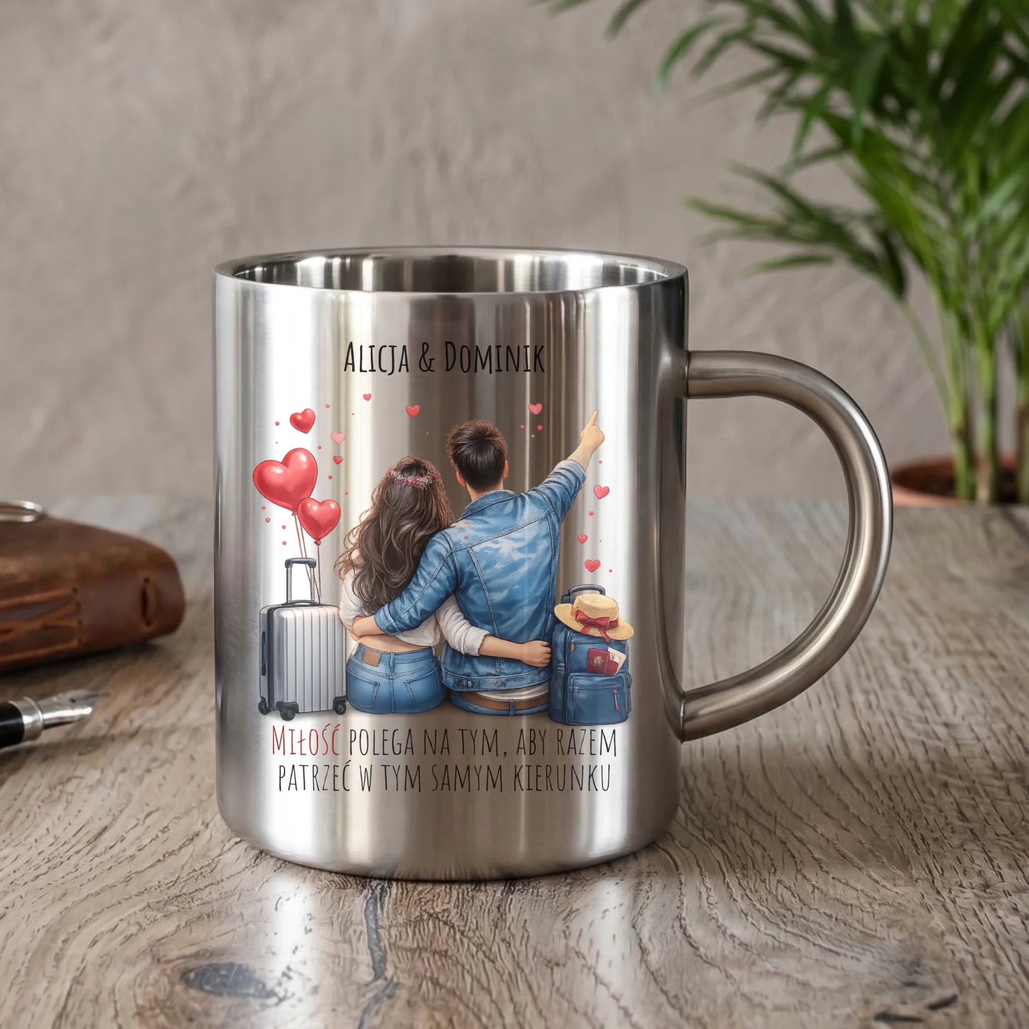 Kubek metalowy dla par - Para w podróży miłość - personalizowany W12 - StoryCups.pl