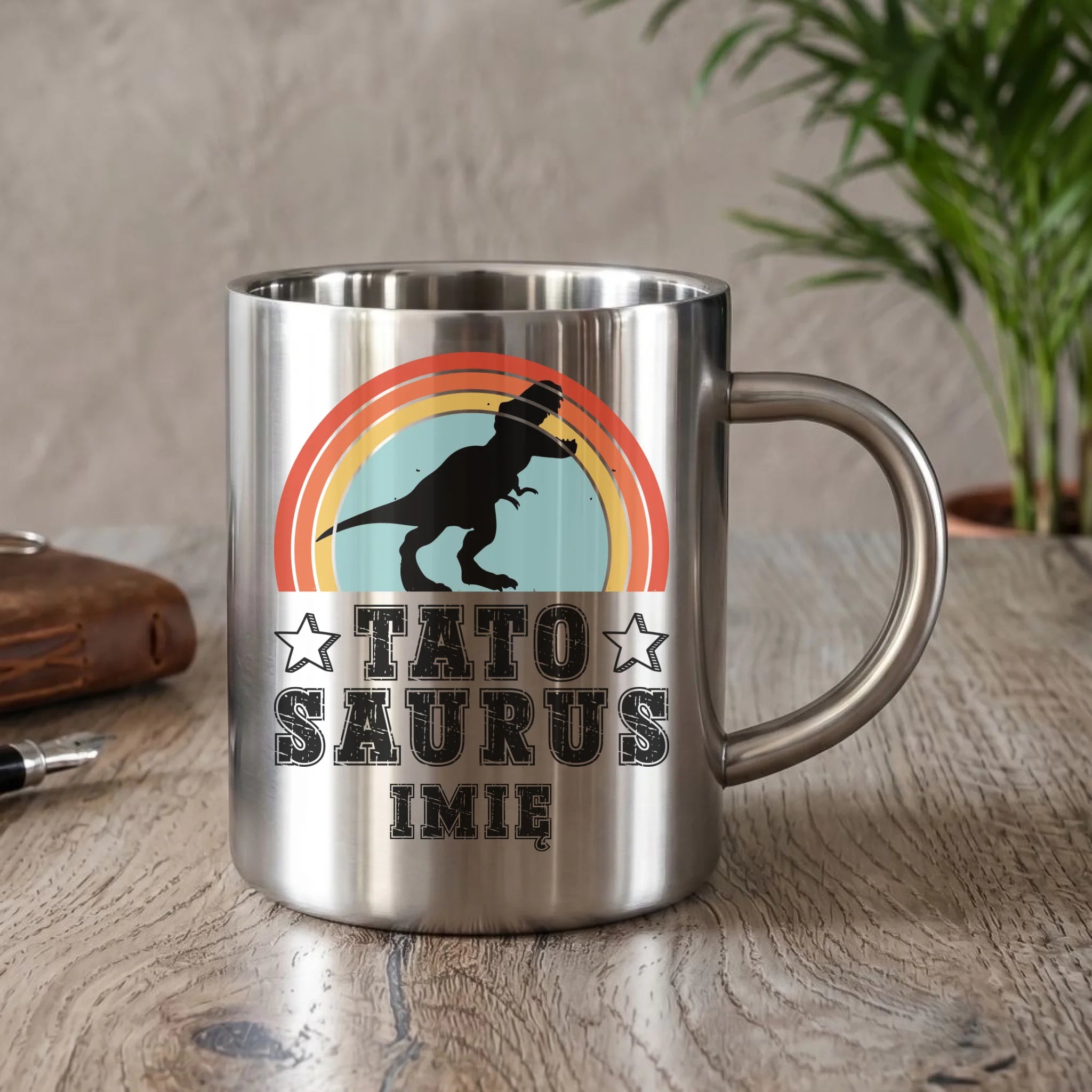 Kubek metalowy dla taty - Tato Saurus - personalizowany DT03 - StoryCups.pl