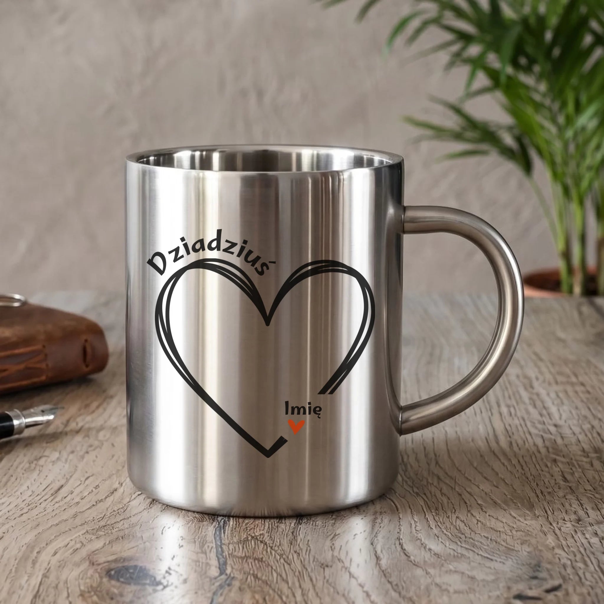 Kubek metalowy dla dziadka - Serce z imionami wnuków 1-7 - personalizowany D26 - StoryCups.pl