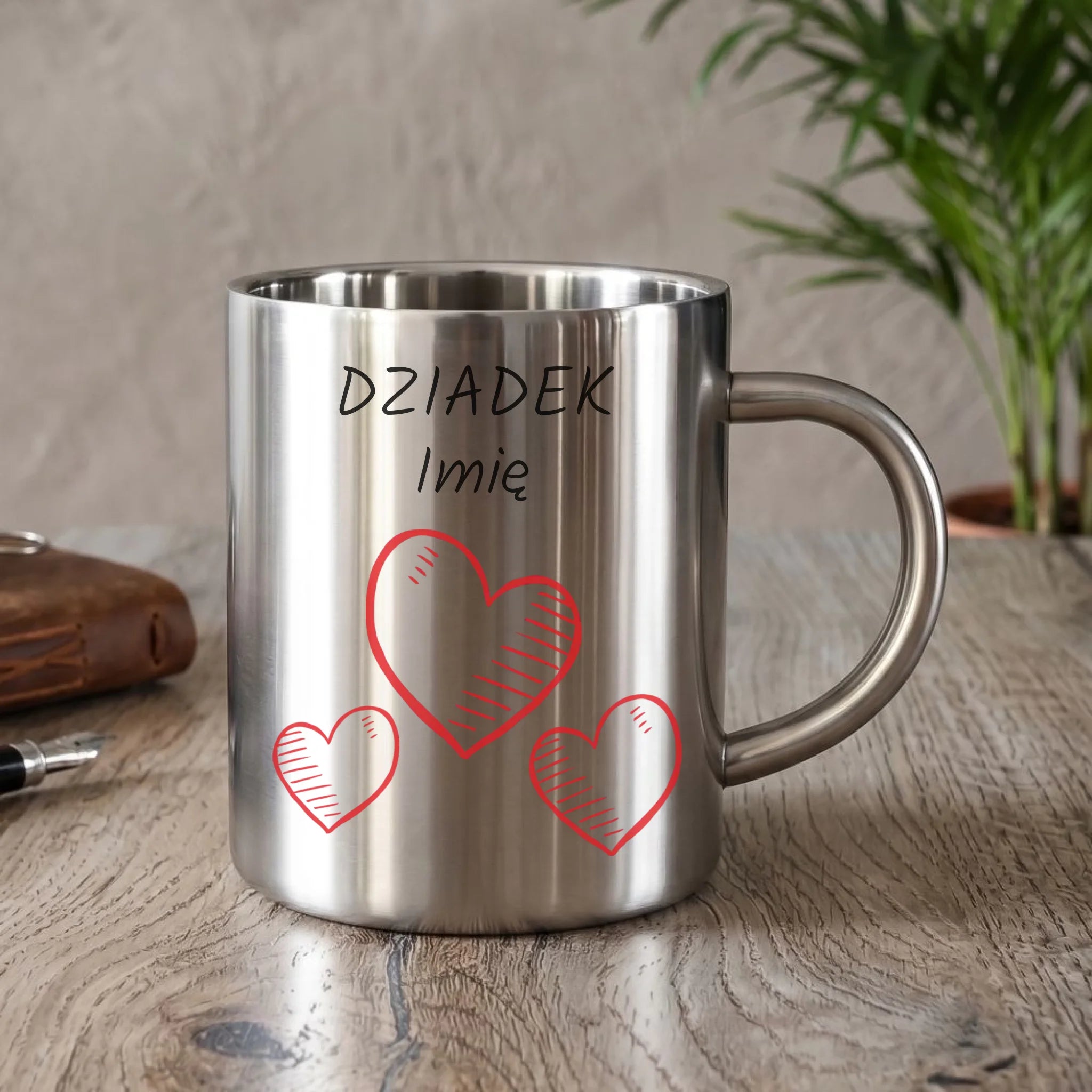 Kubek metalowy dla dziadka - Serca - personalizowany D01 - StoryCups.pl