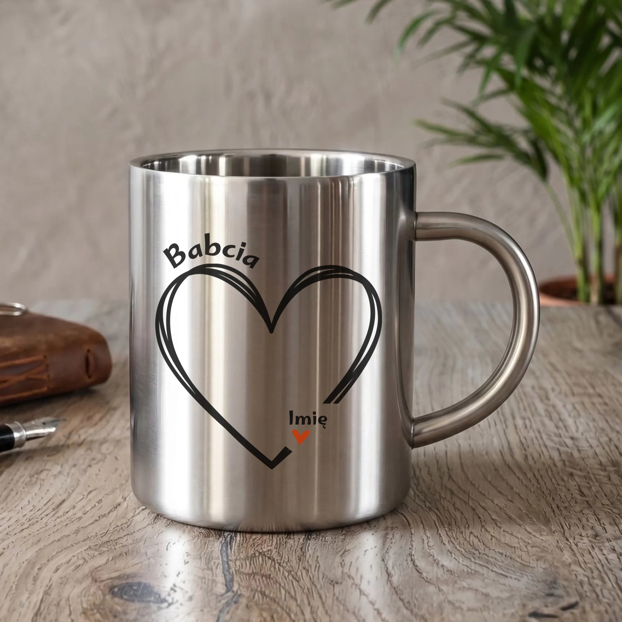 Kubek metalowy dla babci - Serce z imionami wnuków 1-7 - personalizowany B26 - StoryCups.pl