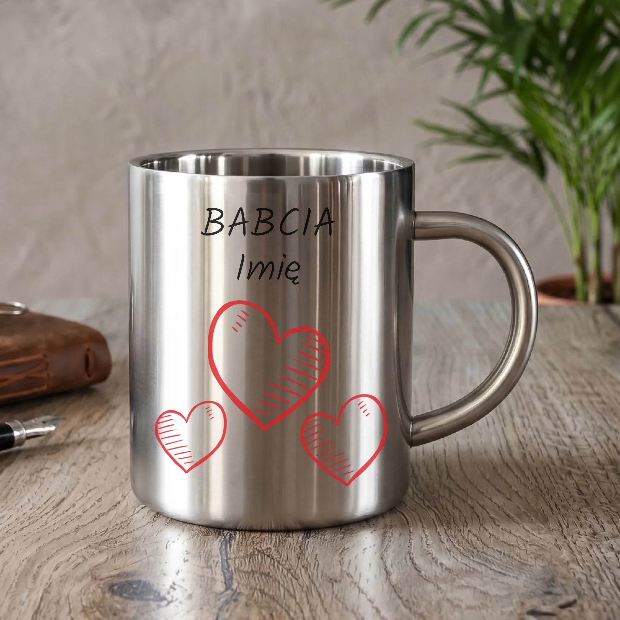 Kubek metalowy dla babci - Serca - personalizowany B01 - StoryCups.pl