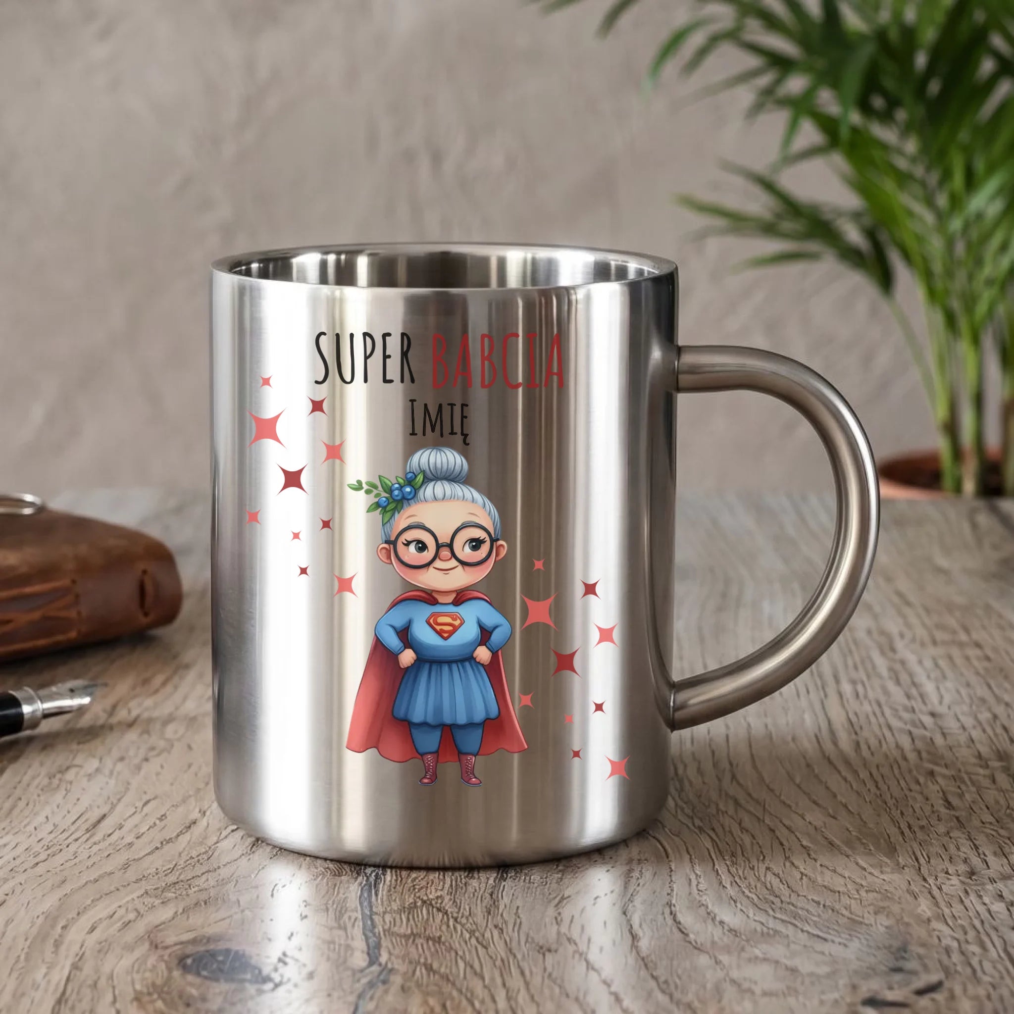 Kubek metalowy dla babci - Super Babcia - personalizowany B02 - StoryCups.pl