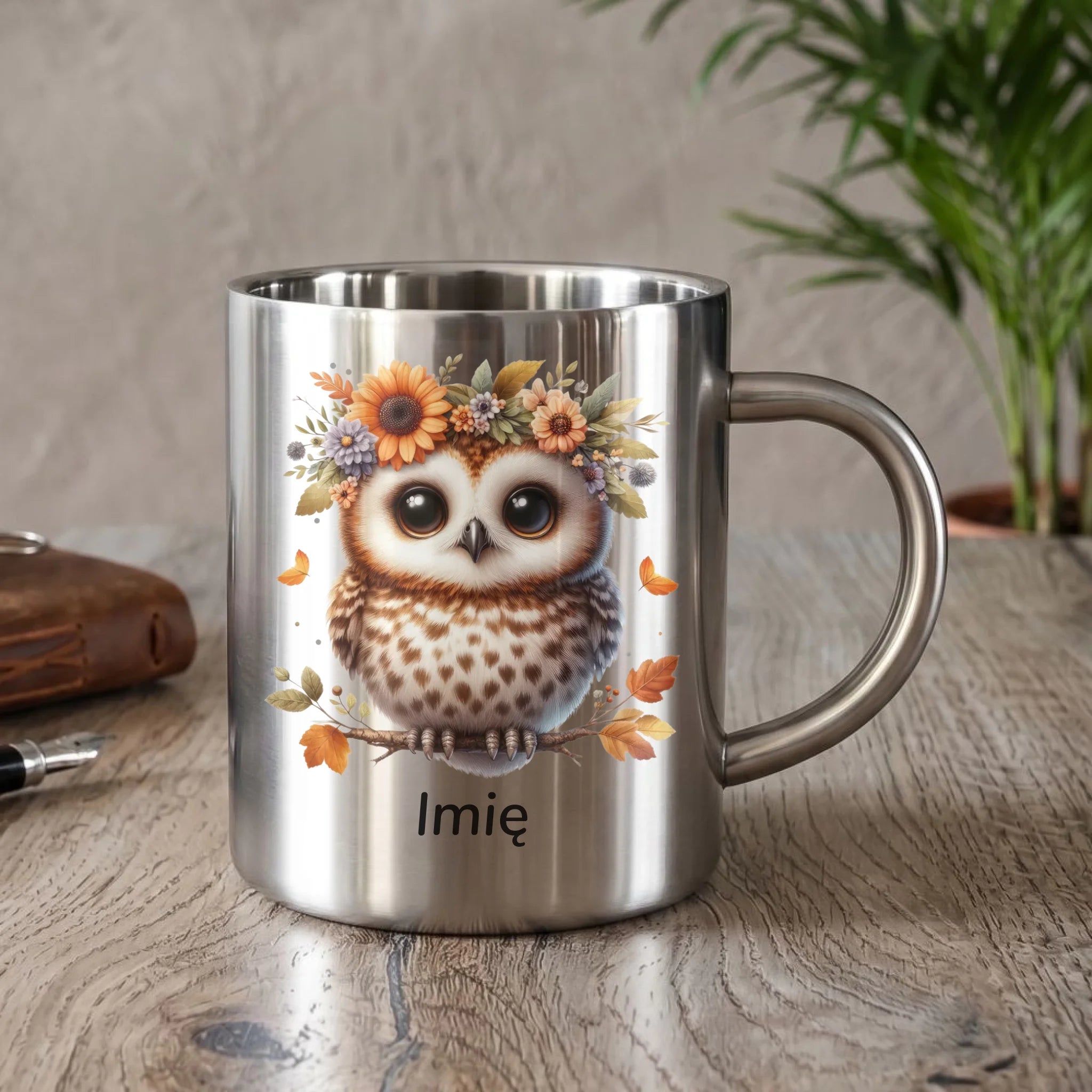 Kubek metalowy jesienny - Sowa w kwiatach JS32 - StoryCups.pl