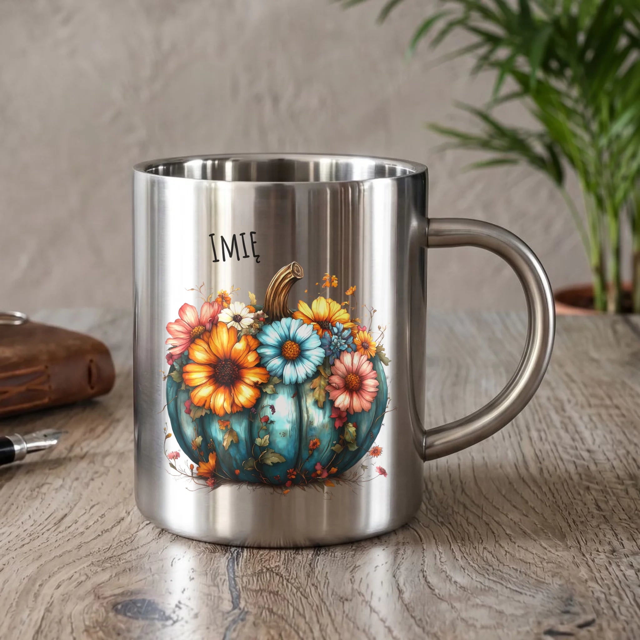 Kubek metalowy jesienny - Kwiatowa dynia - personalizowany JS27 - StoryCups.pl
