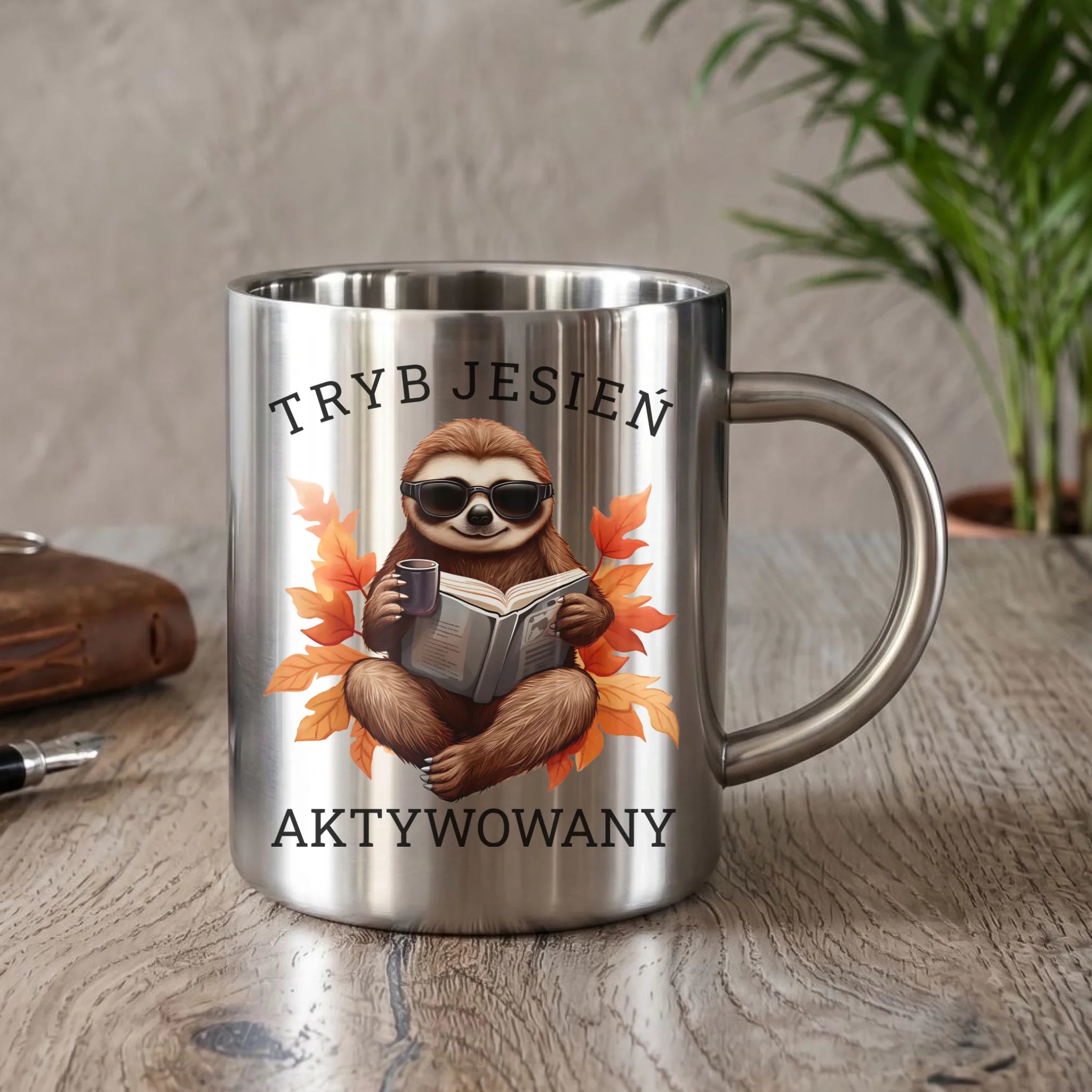 Kubek metalowy jesienny - Leniwiec - Tryb jesień aktywowany JS23 - StoryCups.pl