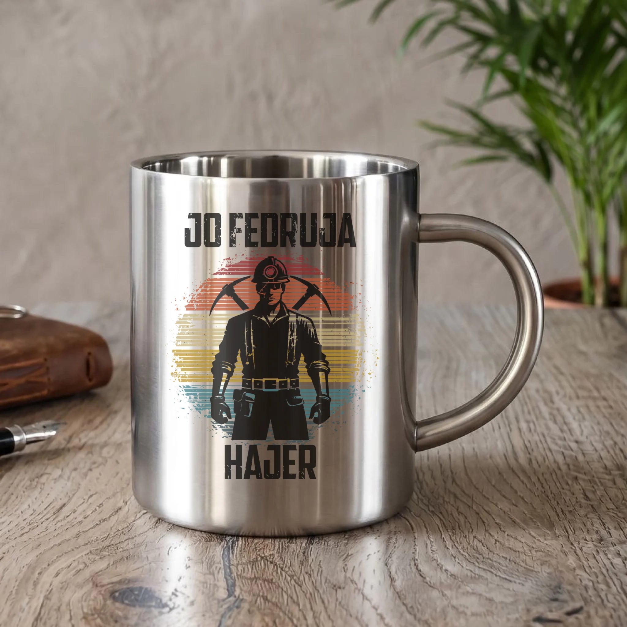Kubek metalowy - prezent dla górnika - Jo fedruja Hajer G26 - StoryCups.pl