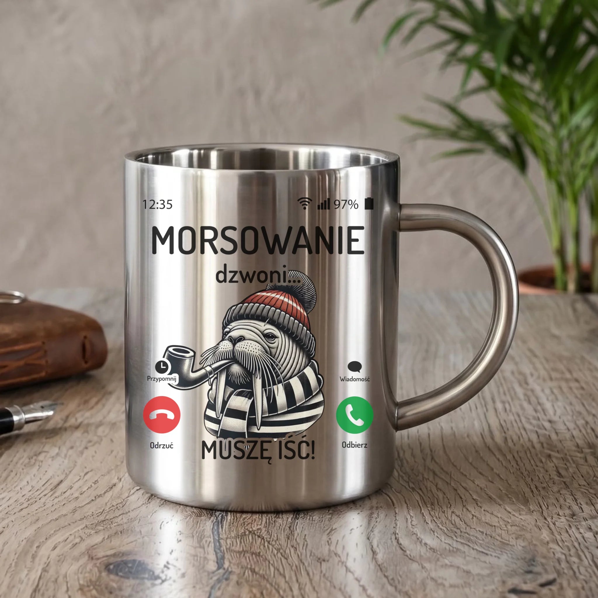Kubek metalowy - prezent dla morsa - Morsowanie dzwoni muszę iść - Mors HM19 - StoryCups.pl