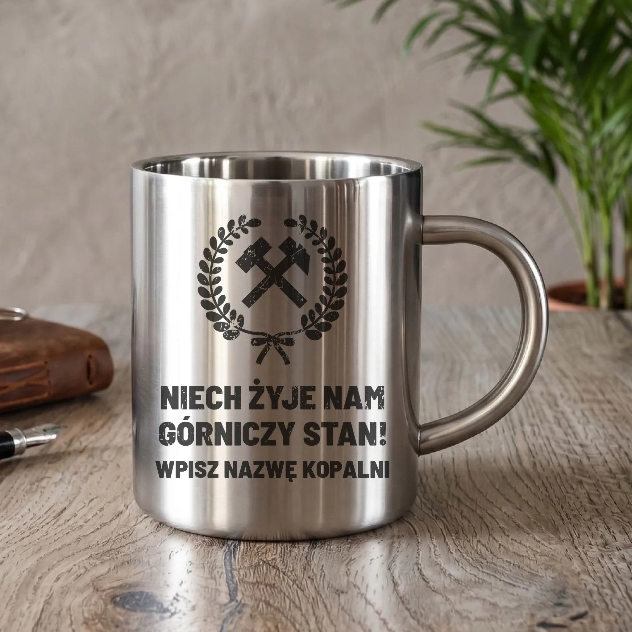 Kubek metalowy - prezent dla górnika - Niech żyje nam górniczy stan - personalizowany G24 - StoryCups.pl