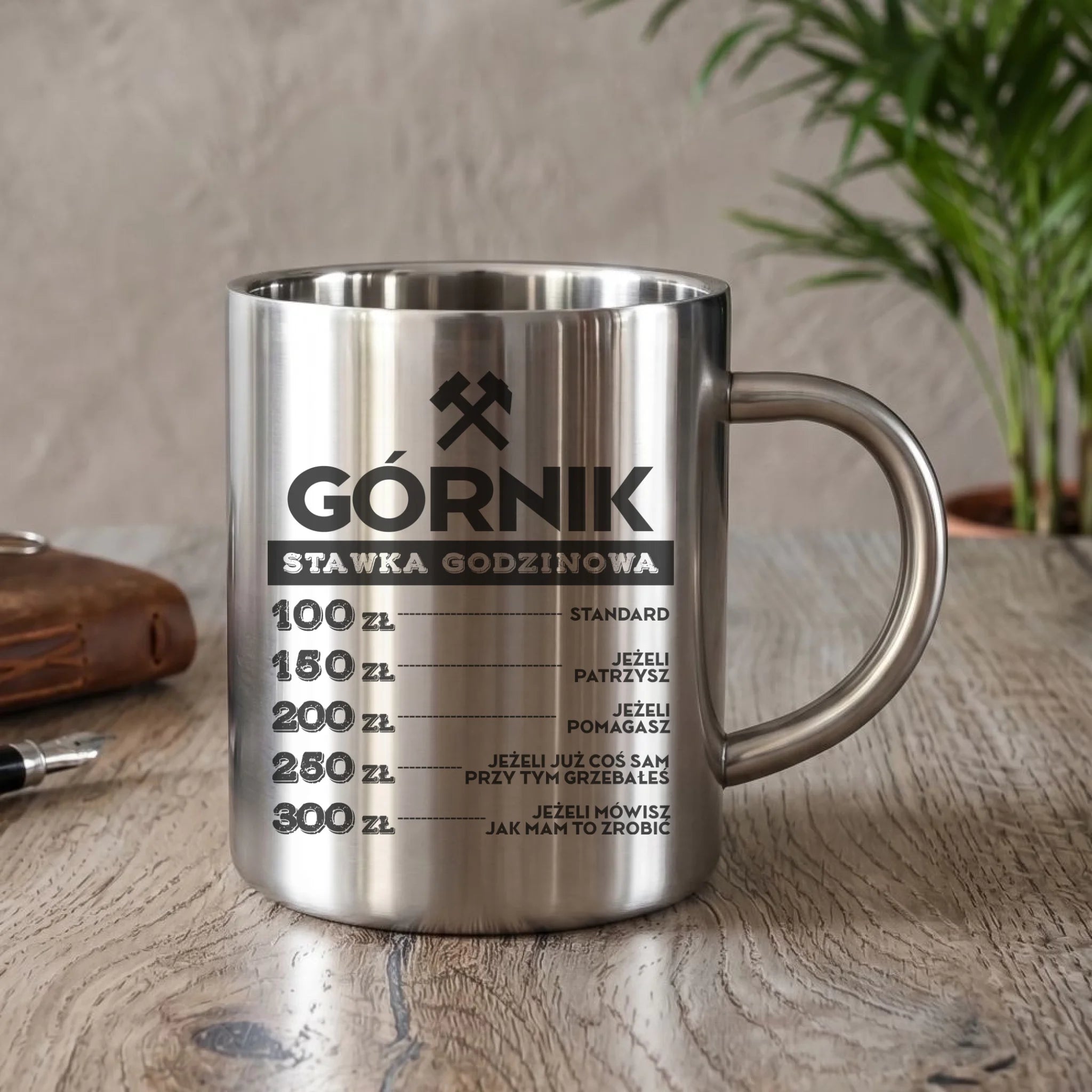 Kubek metalowy - prezent dla górnika - Górnik stawka godzinowa G14 - StoryCups.pl