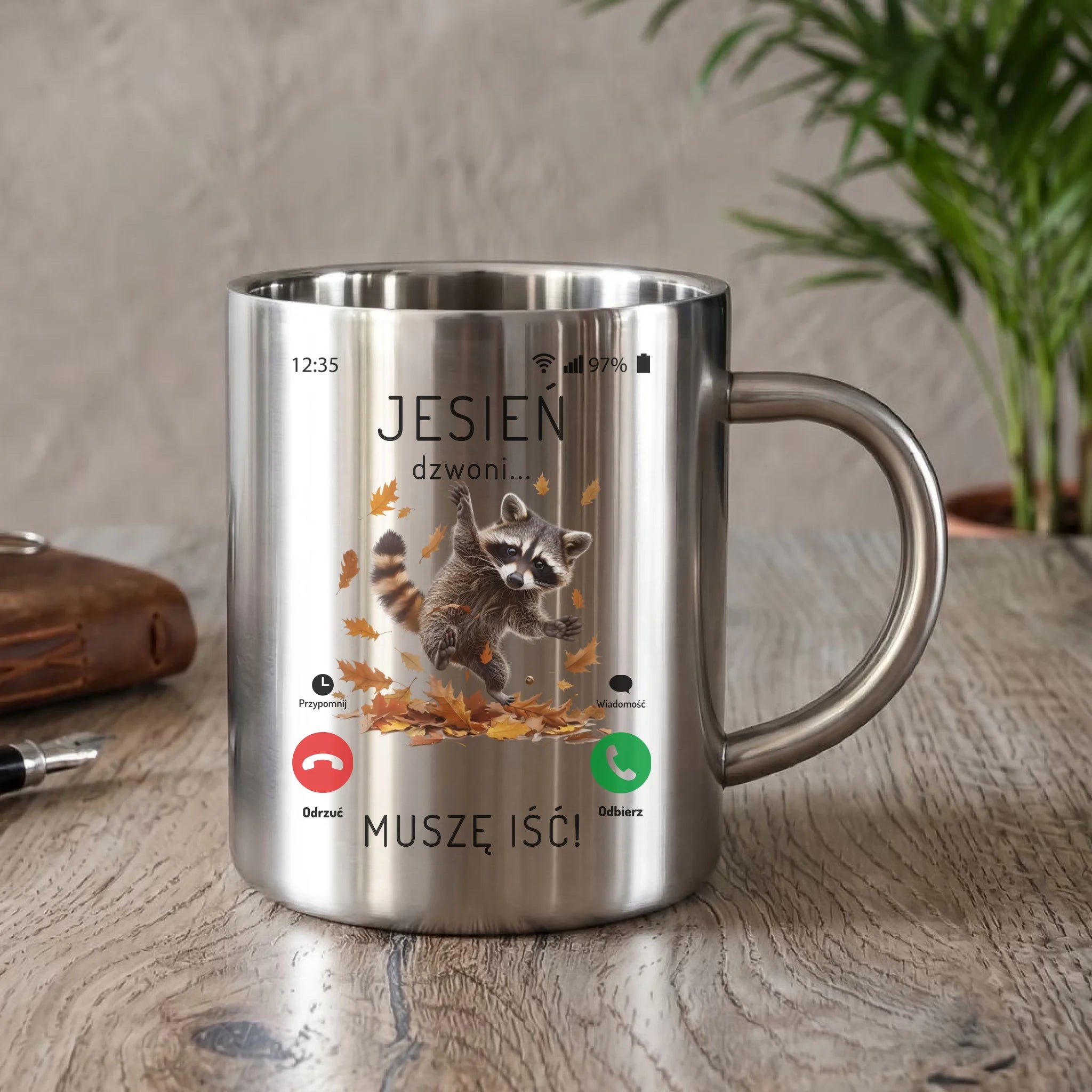 Kubek metalowy jesienny - Jesień dzwoni muszę iść JS18 - StoryCups.pl