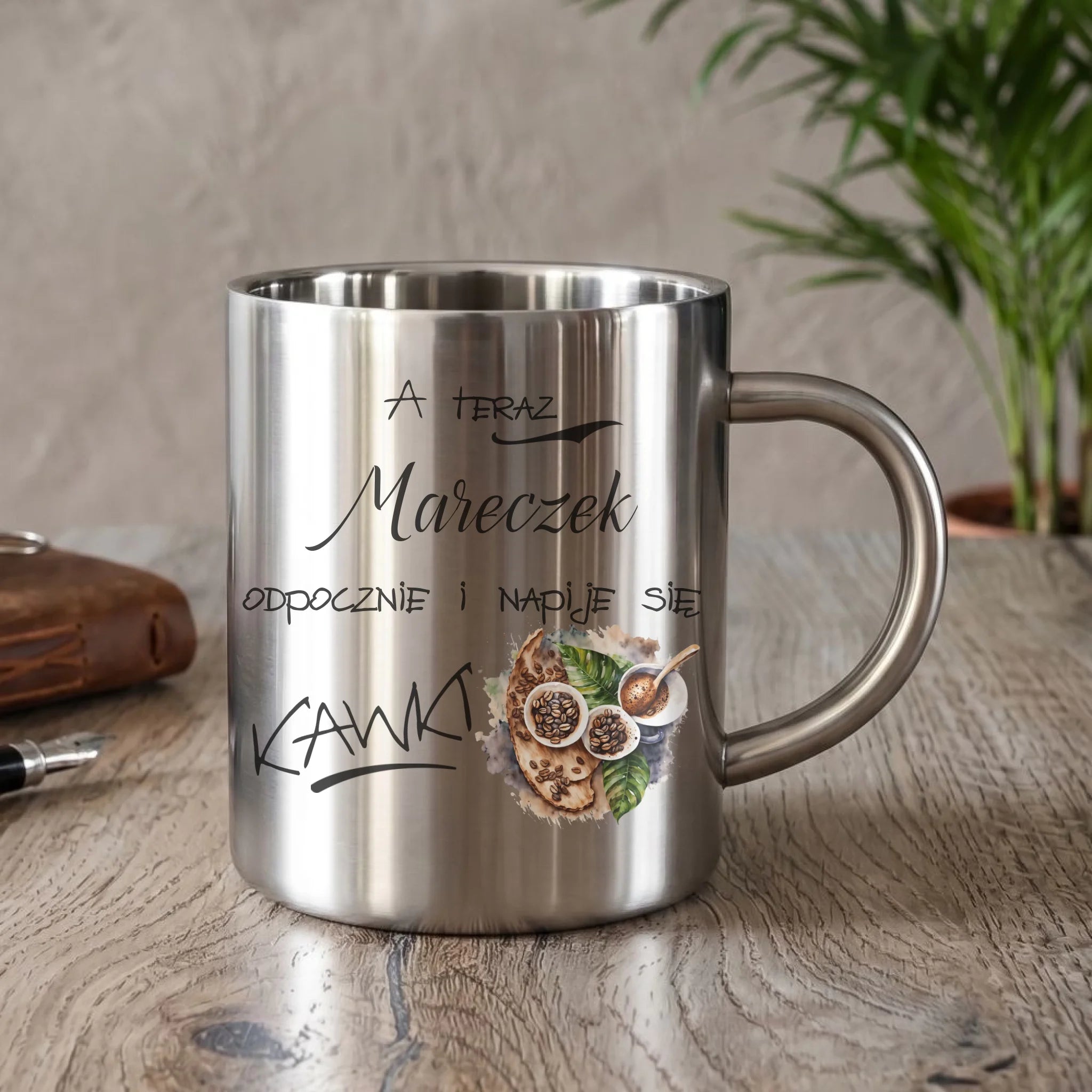 Kubek metalowy - Odpocznie i napije się kawki prezent dla kawosza - personalizowany DCH04 - StoryCups.pl