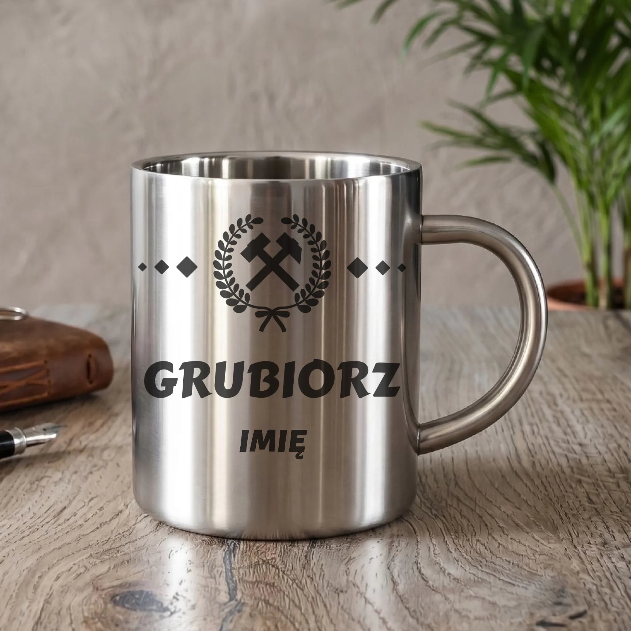 Kubek metalowy - prezent dla górnika - Grubiorz - personalizowany G03 - StoryCups.pl