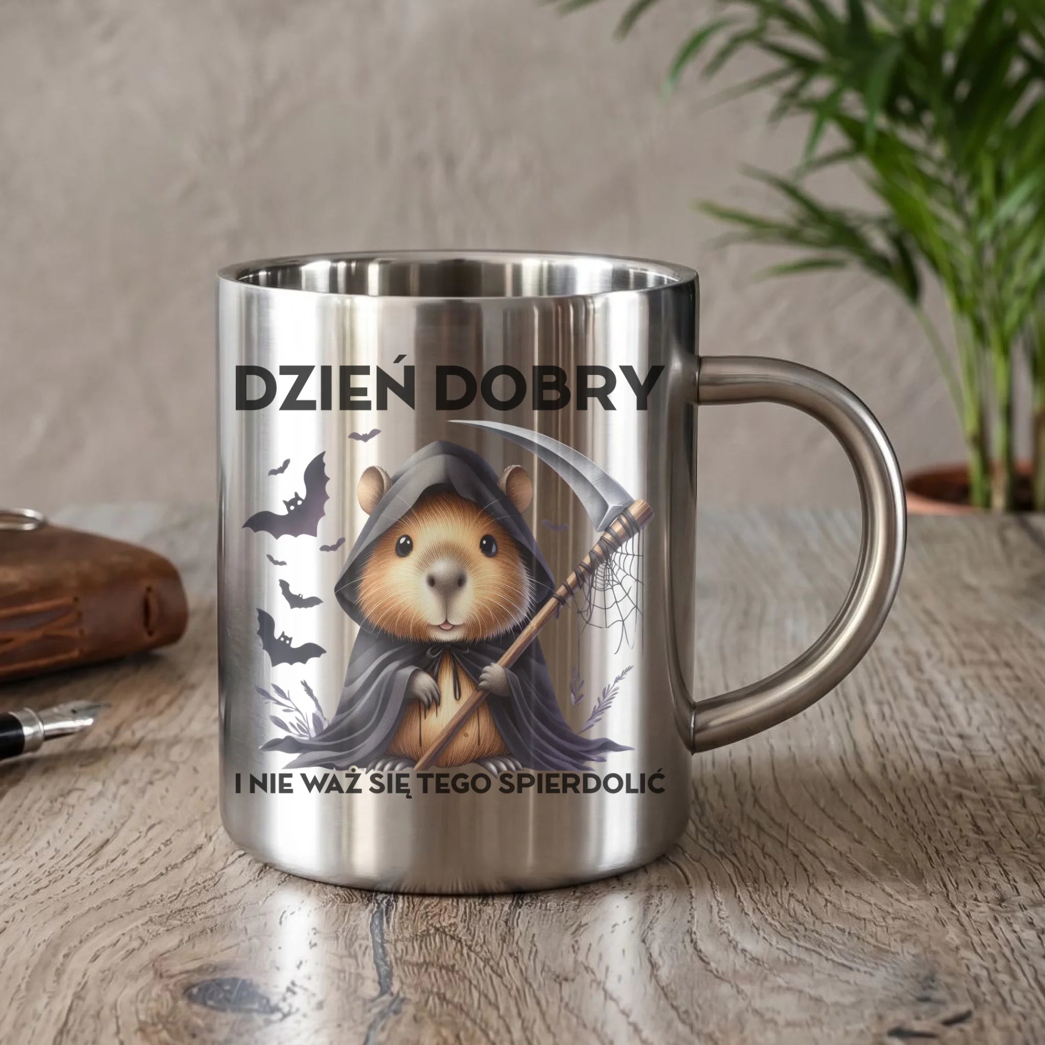 Kubek metalowy na halloween - Kapibara Żniwiarz - Dzień dobry - bez cenzury HL20 - StoryCups.pl
