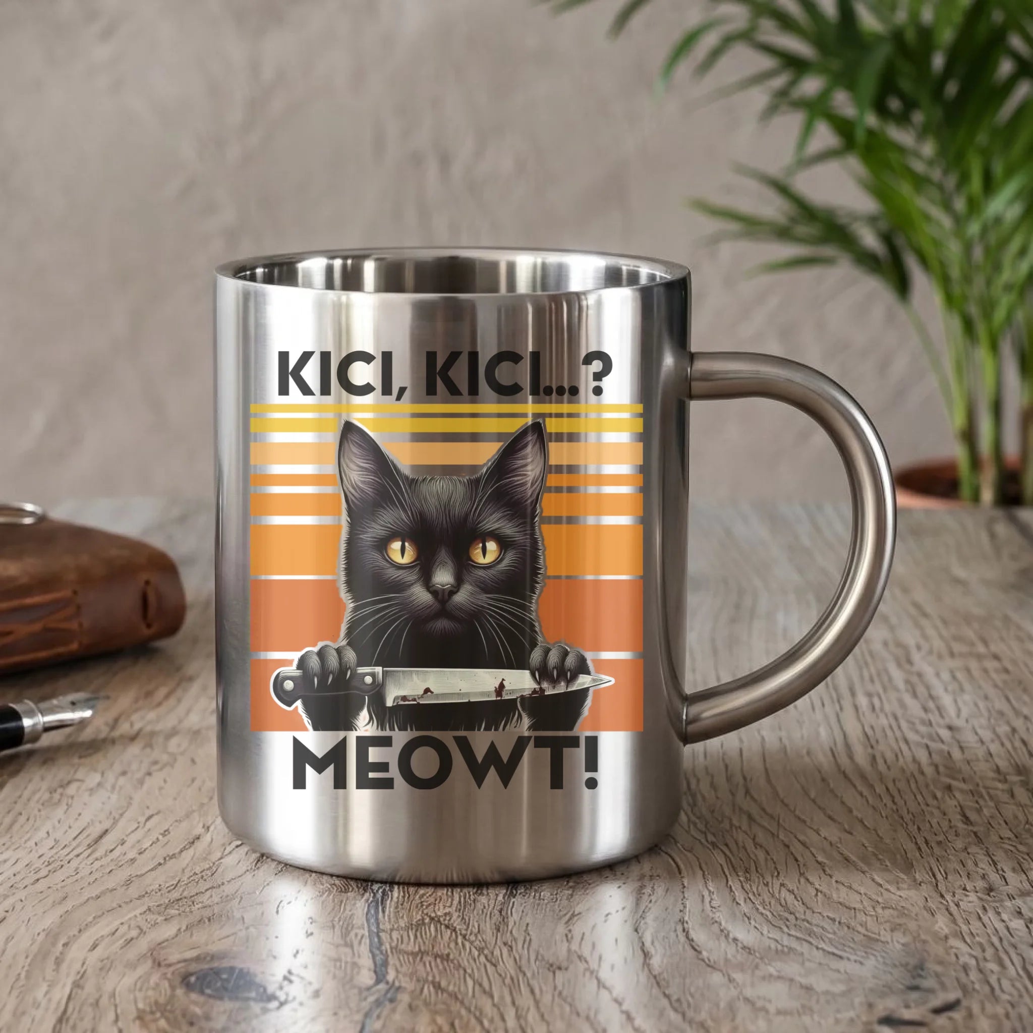 Kubek metalowy - Kot z nożem - Kici, kici... MEOWT! HL17 - StoryCups.pl