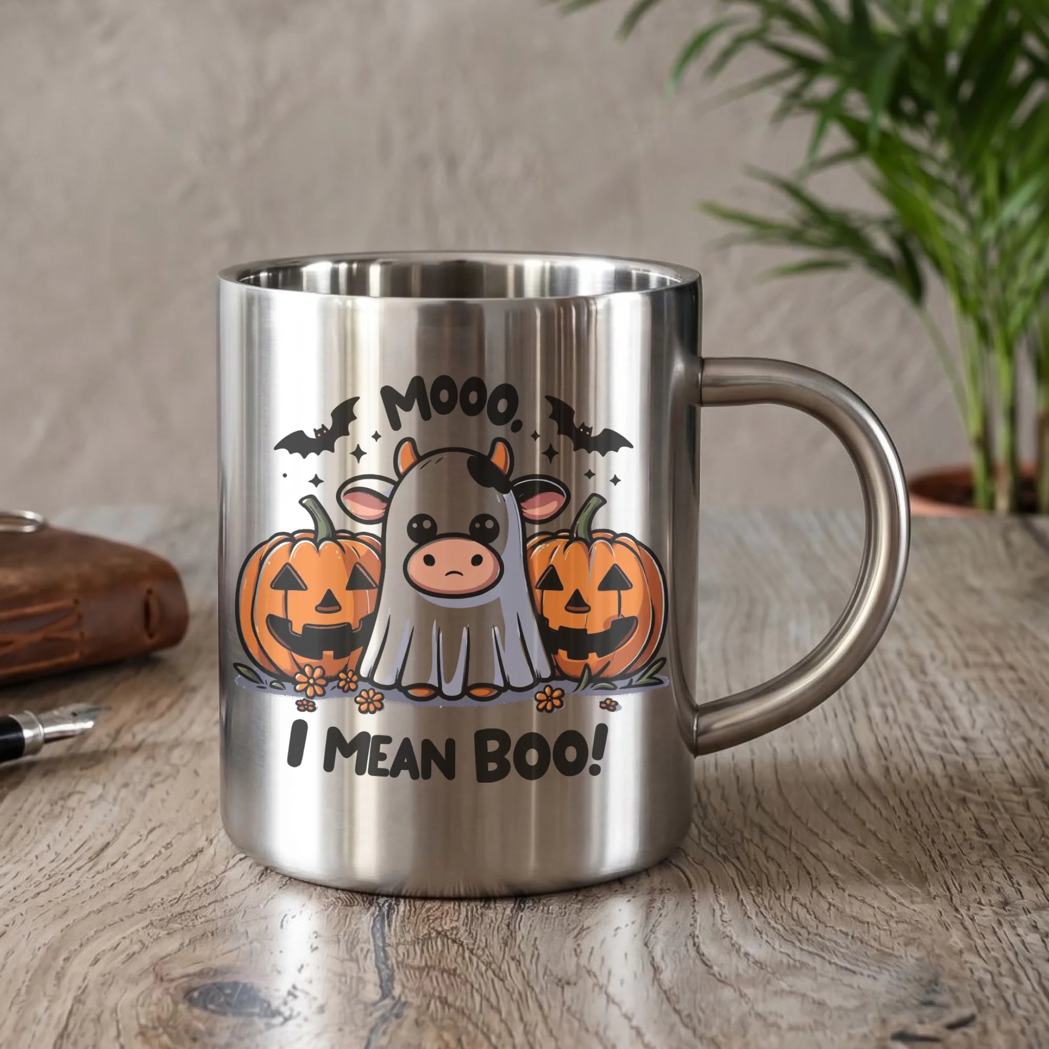 Kubek metalowy na Halloween - Mooo I mean Boo! - z dynią i duchem HL14 - StoryCups.pl