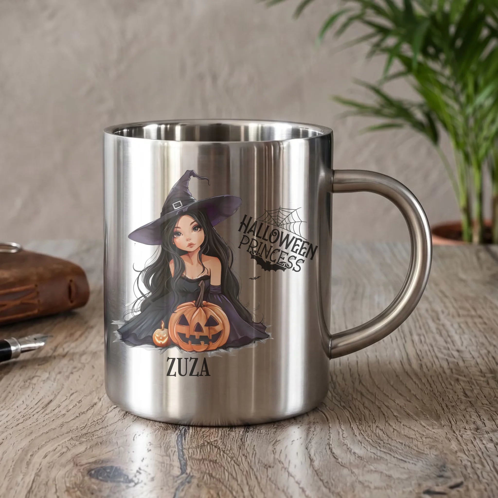 Kubek metalowy halloweenowy - Czarownica z dynią - personalizowany HL10 - StoryCups.pl