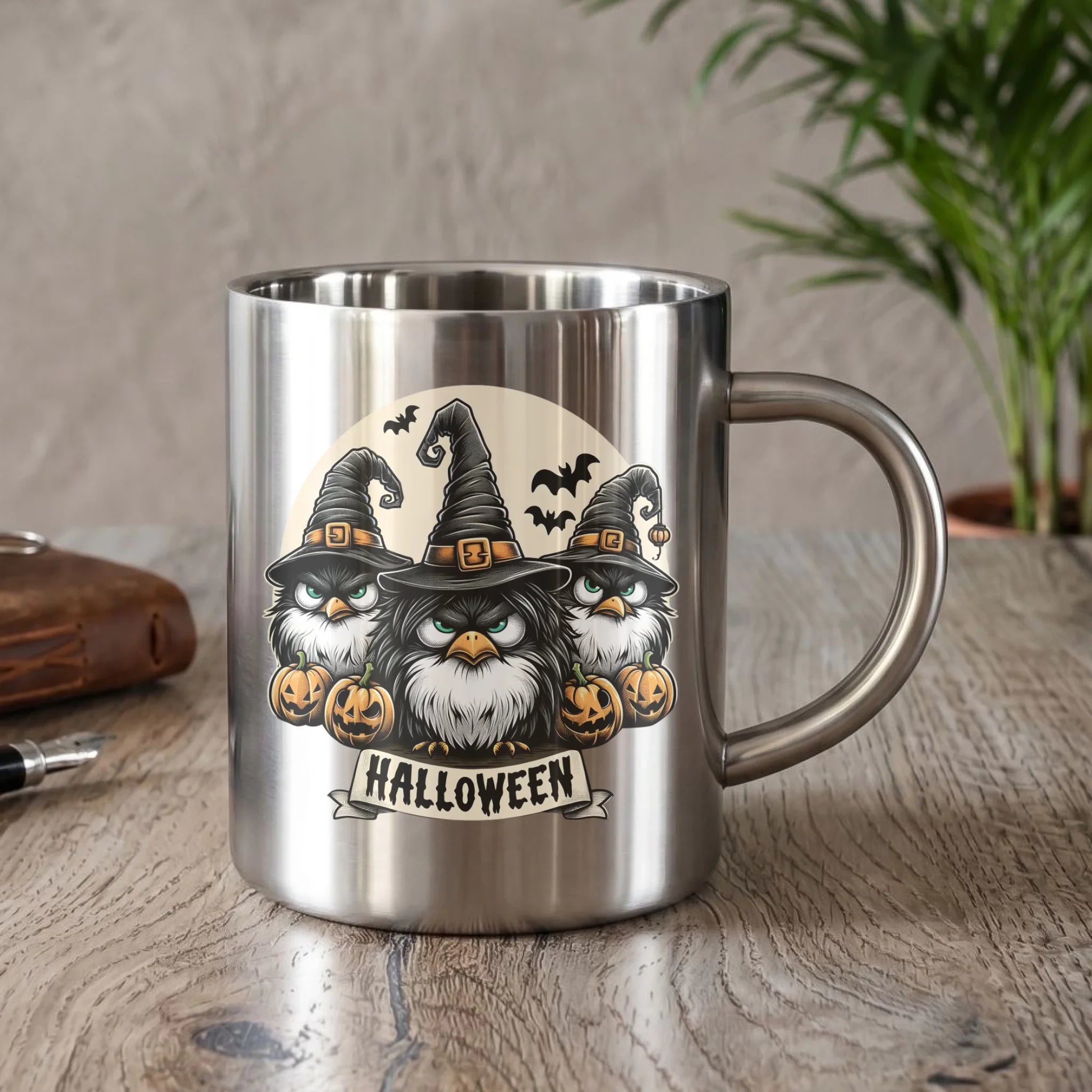 Kubek metalowy na Halloween - Upiorne sowy wiedźmy HL15 - StoryCups.pl